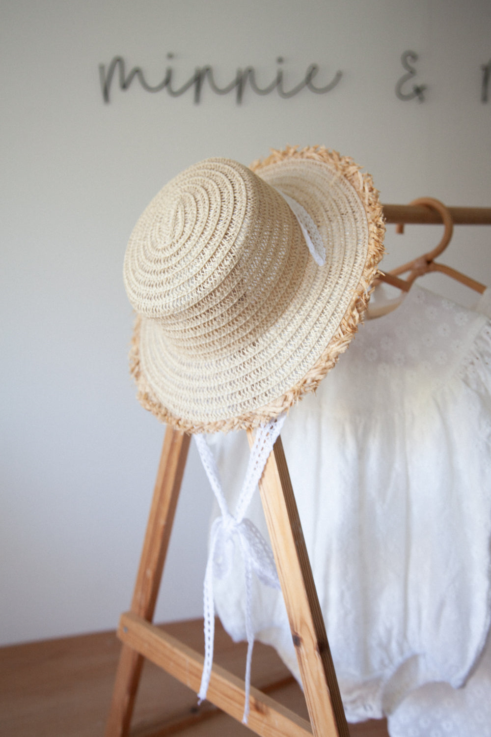 Straw Hat With White Crochet Lace Ties