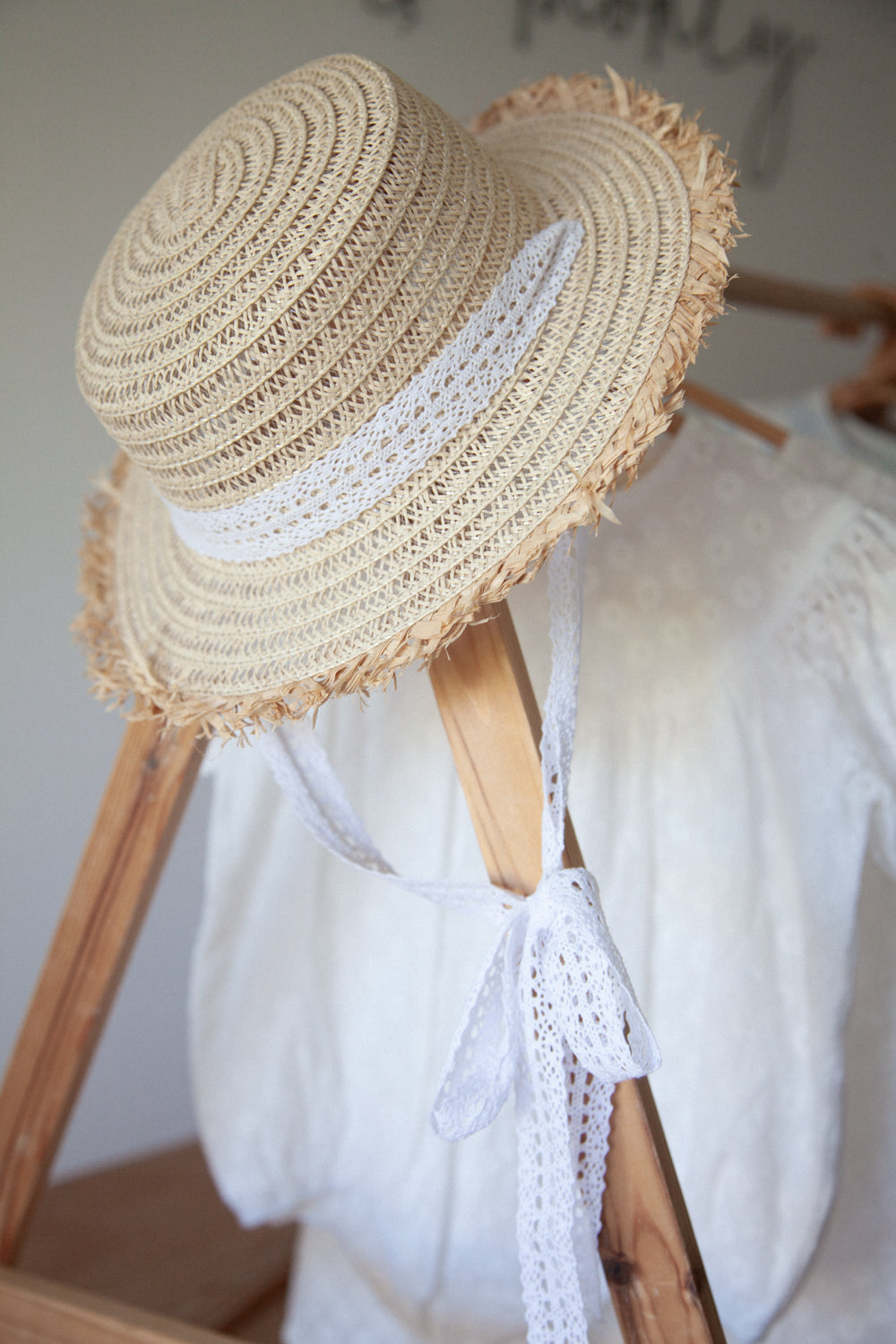 Straw Hat With White Crochet Lace Ties