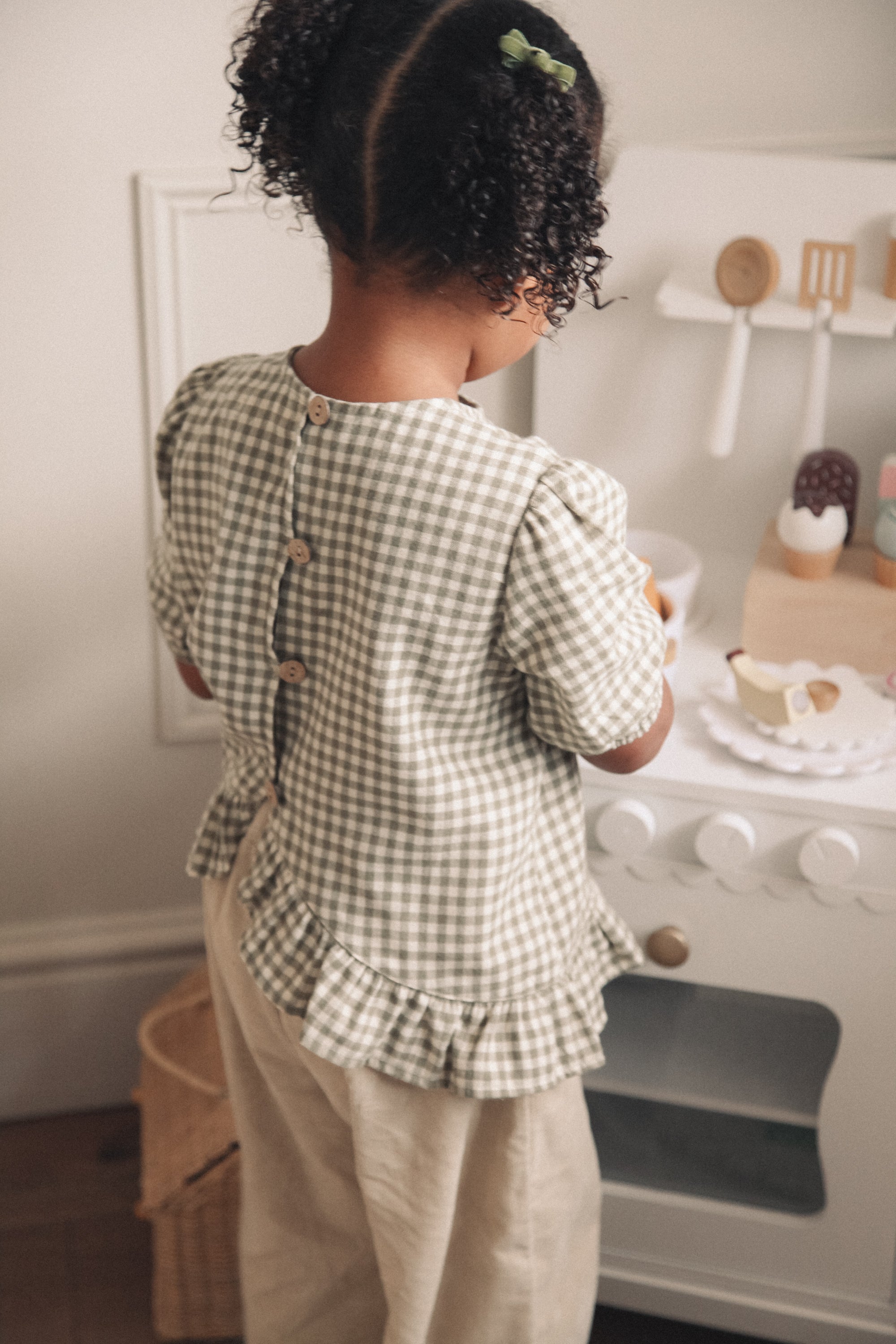 Sage/Green Gingham Cotton Frill Button Back Top