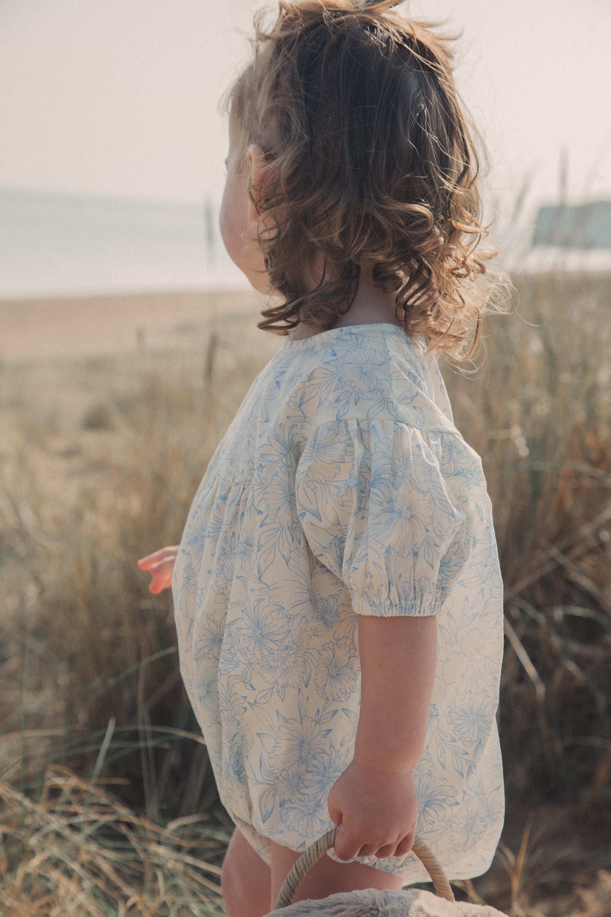 Blue/Toile Floral Short Puff Sleeve Romper
