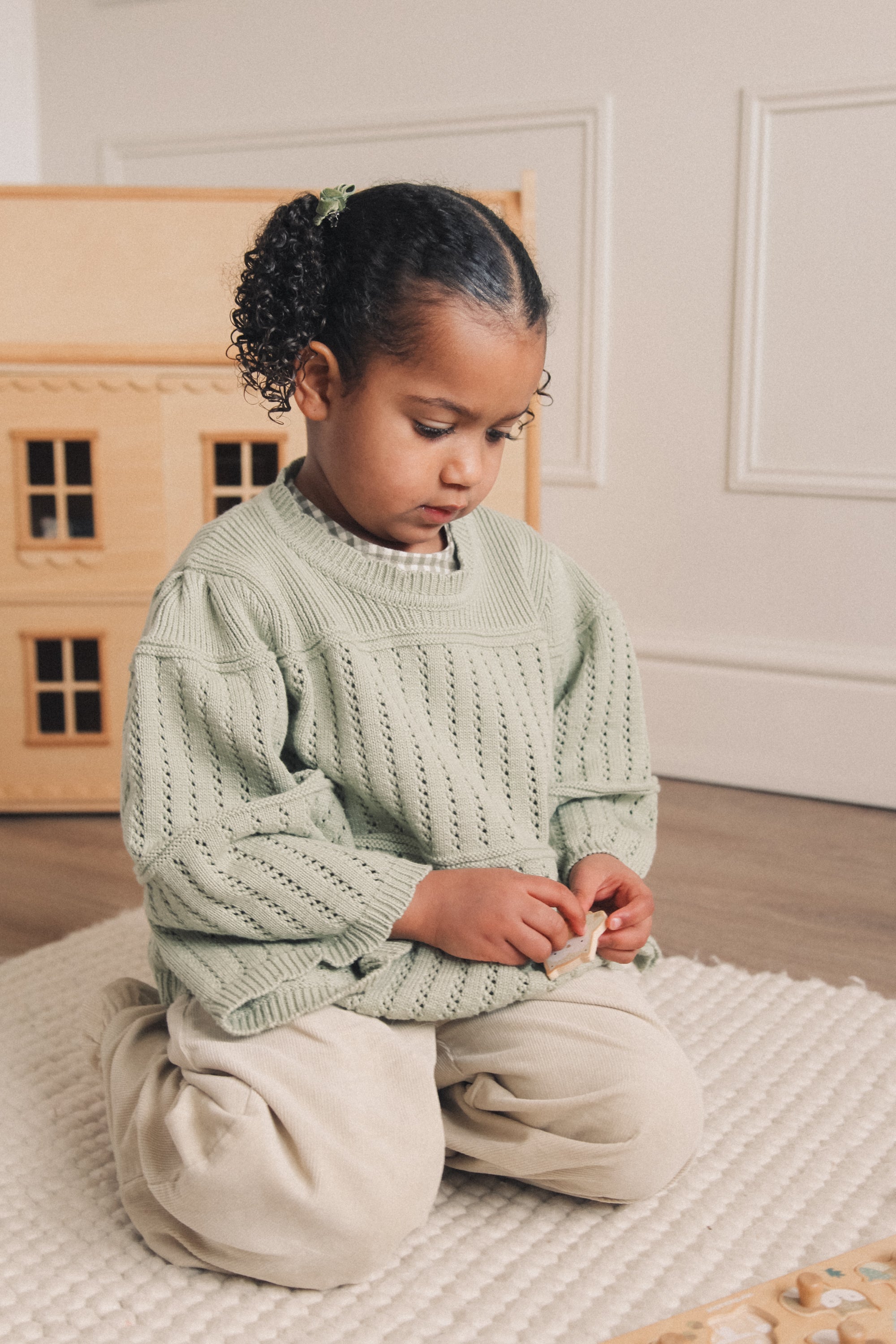 Sage Green Organic Cotton Flare Sleeve Openwork Knit Jumper