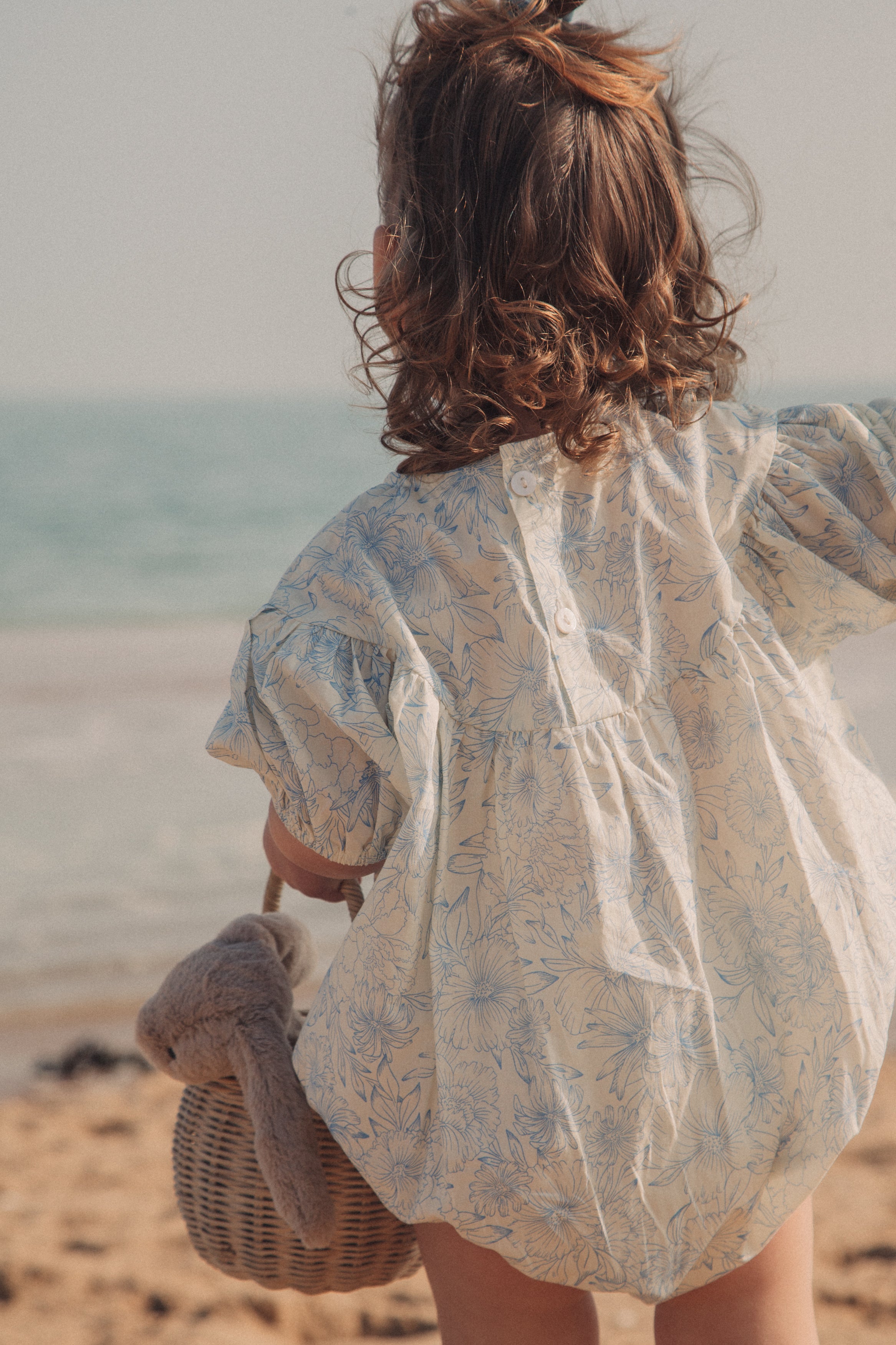 Blue/Toile Floral Short Puff Sleeve Romper