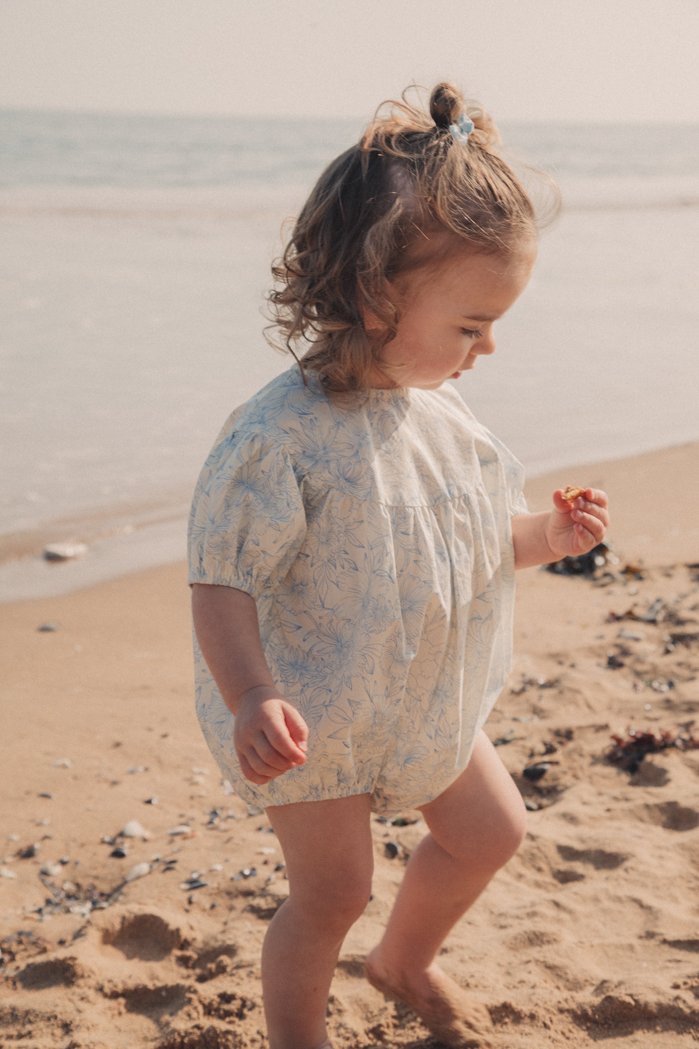 Blue/Toile Floral Short Puff Sleeve Romper