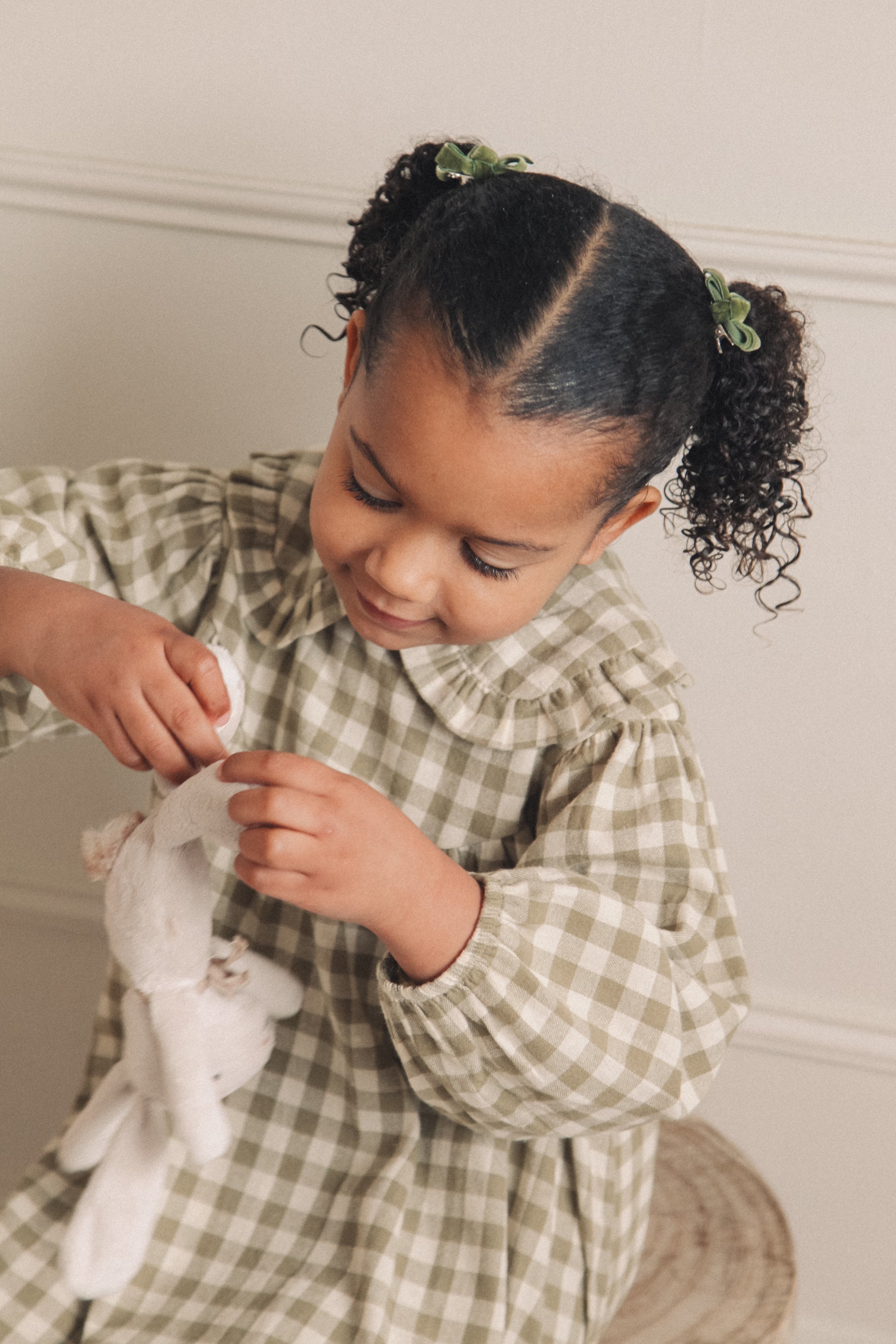 Sage Green/Check Frill Collar Smock Dress