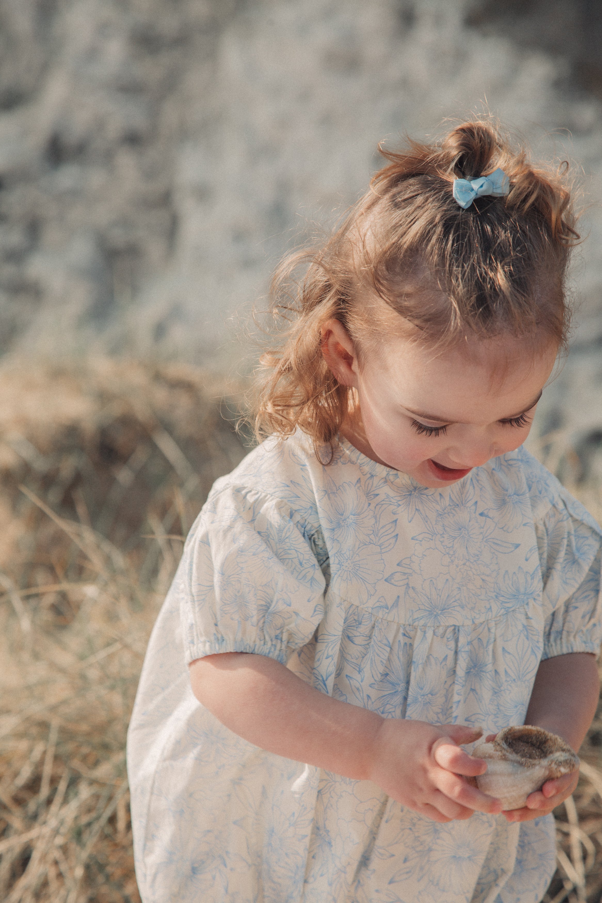 Blue/Toile Floral Short Puff Sleeve Romper
