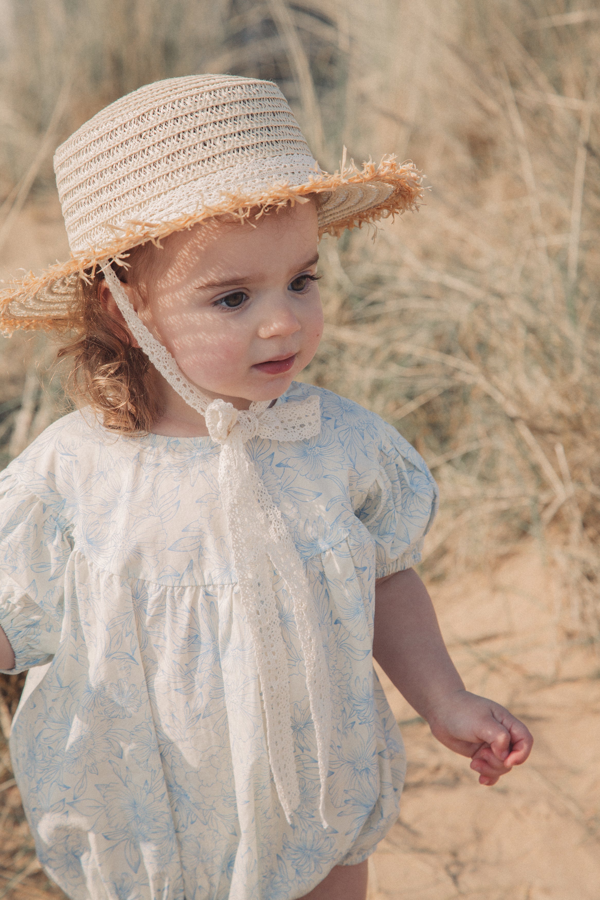 Blue/Toile Floral Short Puff Sleeve Romper