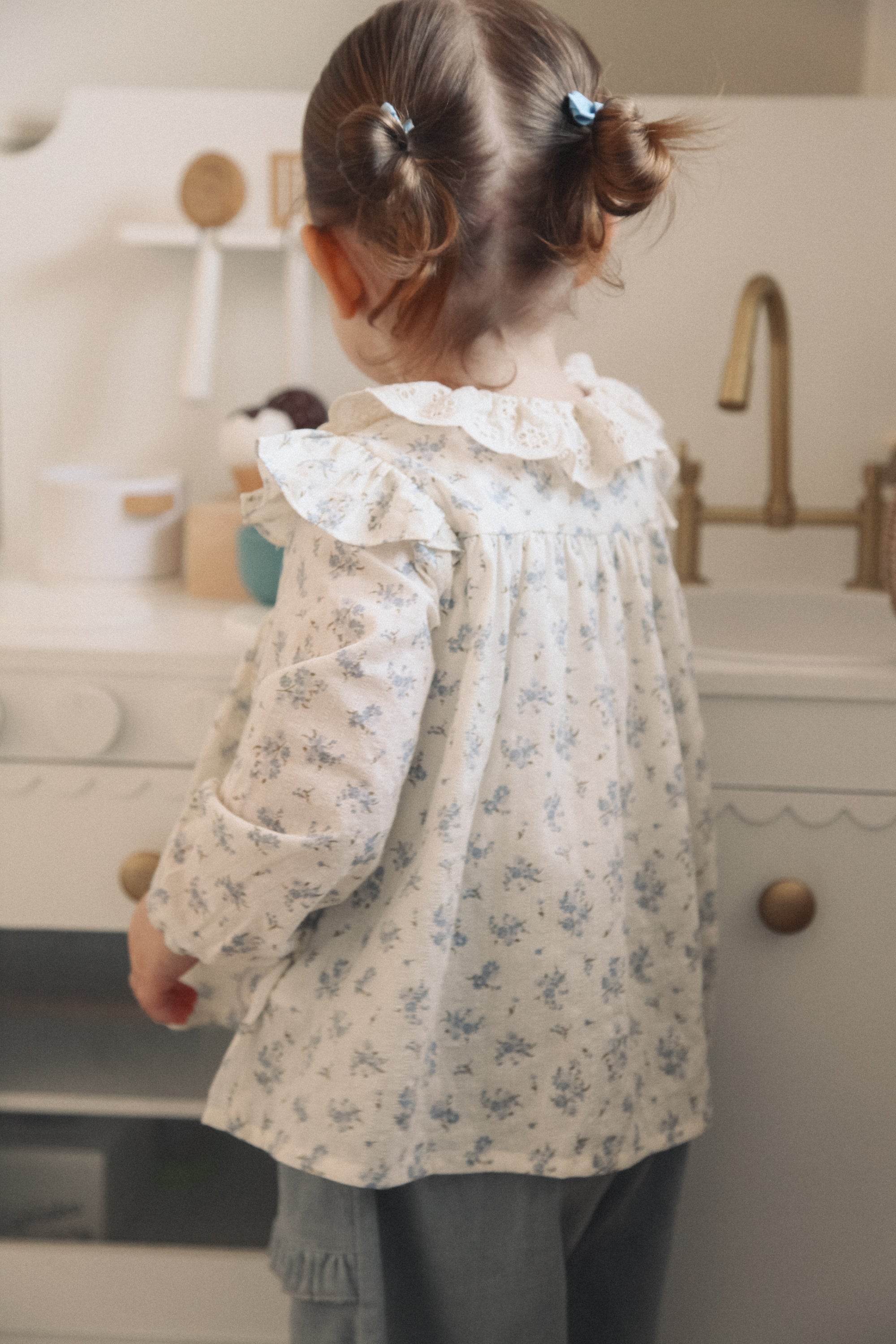 Dusky Blue Floral/Embroidered Collar Smocked Blouse