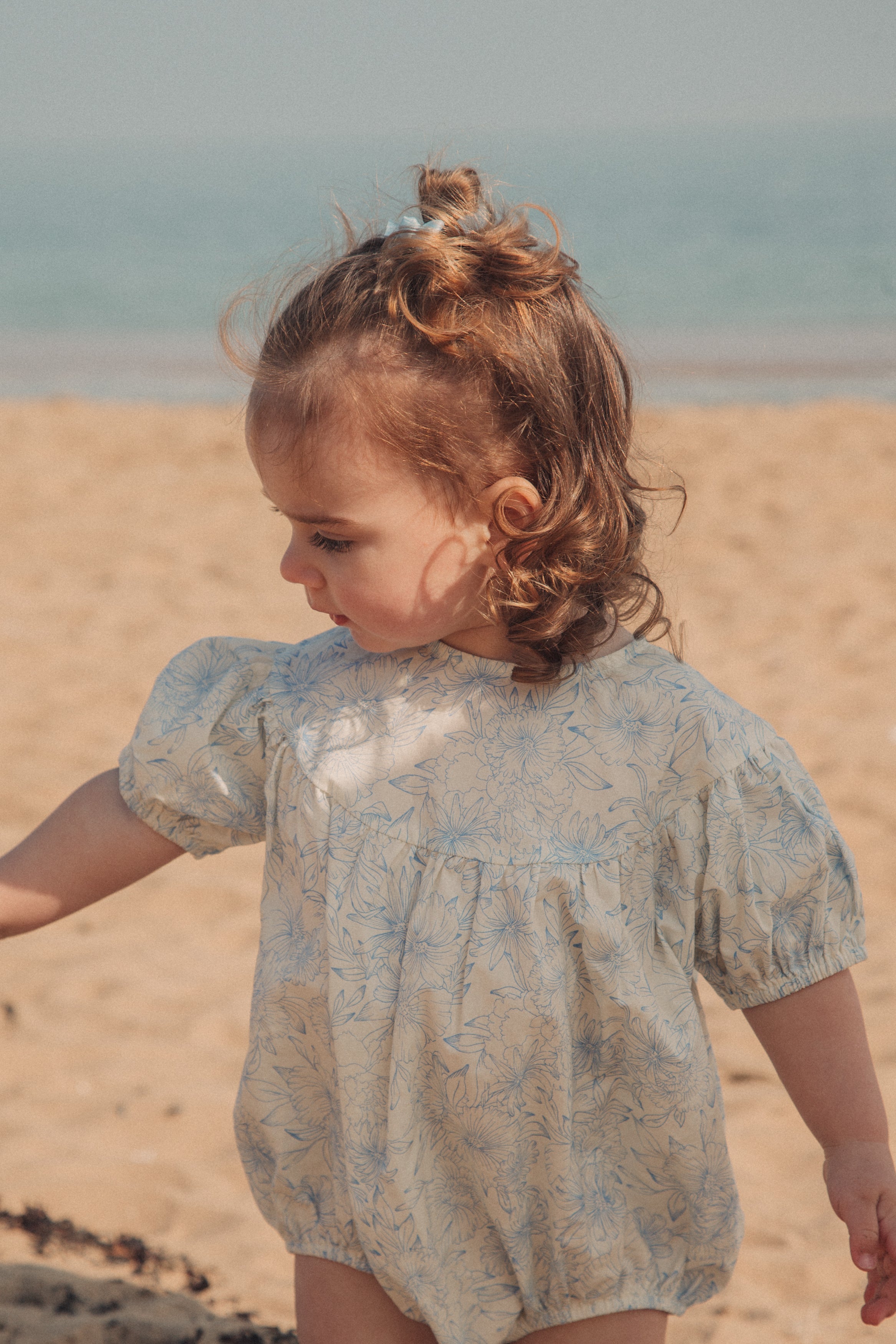 Blue/Toile Floral Short Puff Sleeve Romper