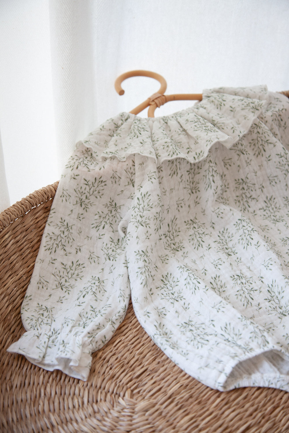 Olive Leaves/Muslin Frill Collar Romper