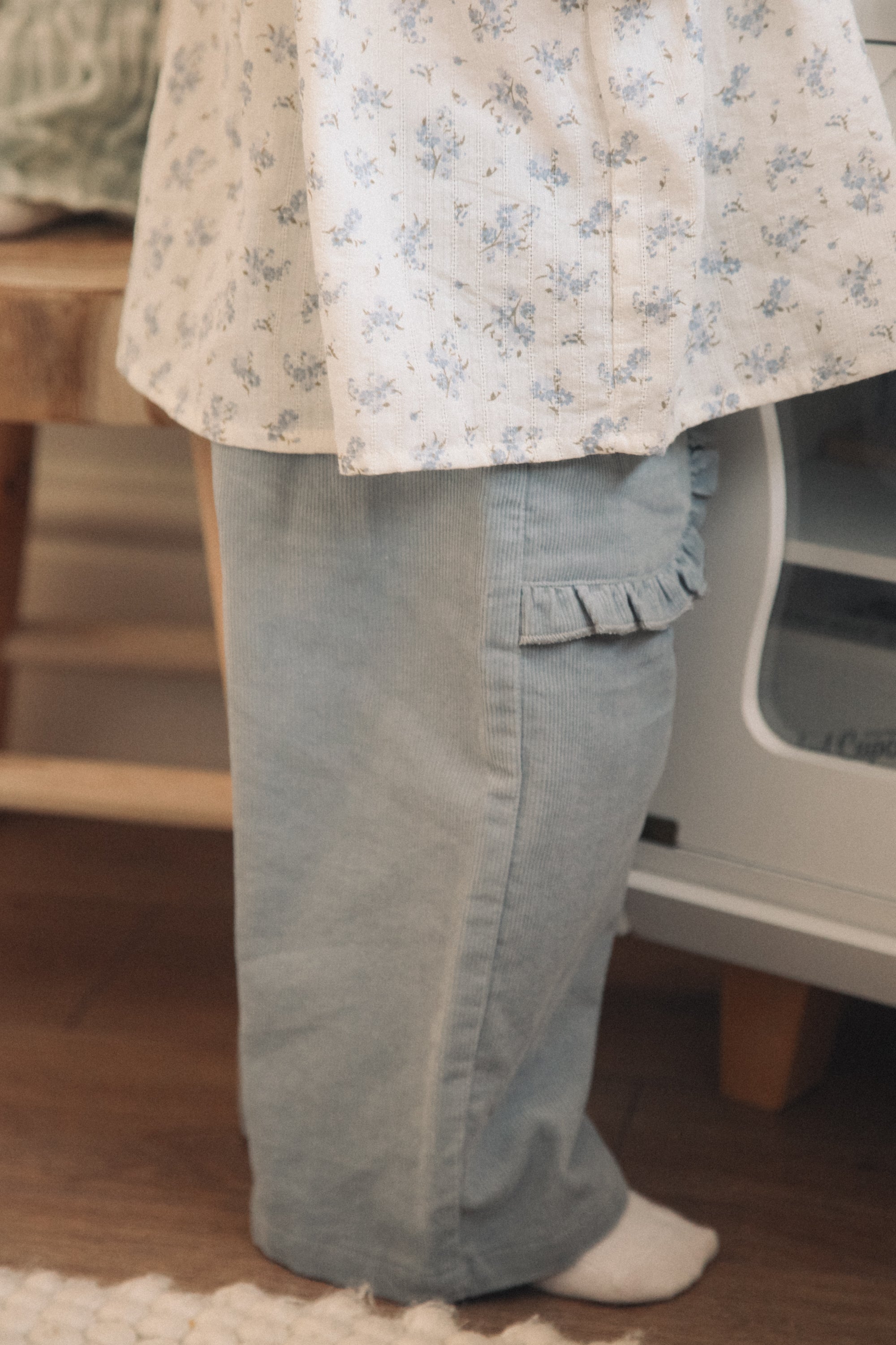 Dusky Blue/Cord Frill Pocket Wide Leg Trousers