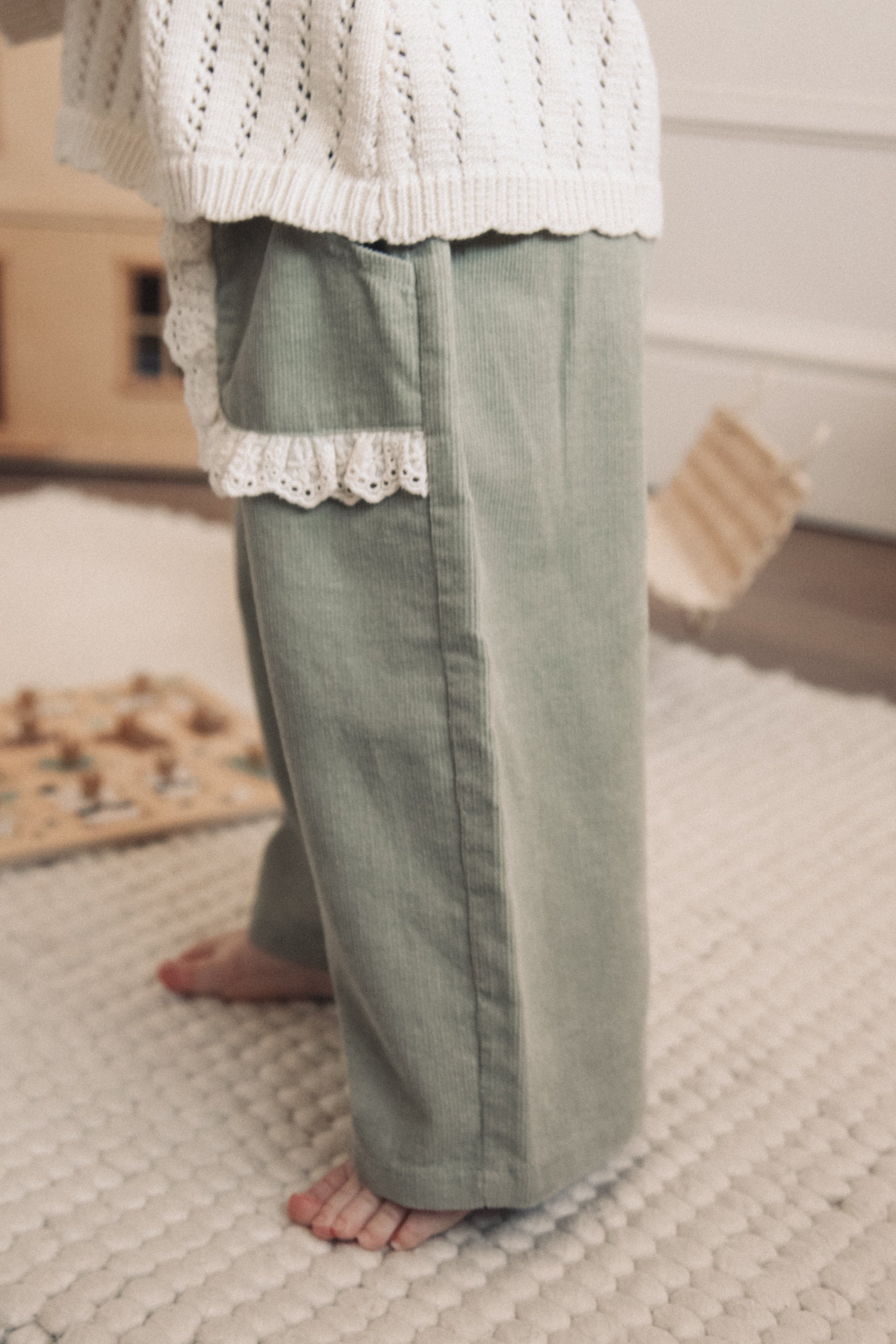 Dusky Green/Cord Broderie Frill Pocket Wide Leg Trousers