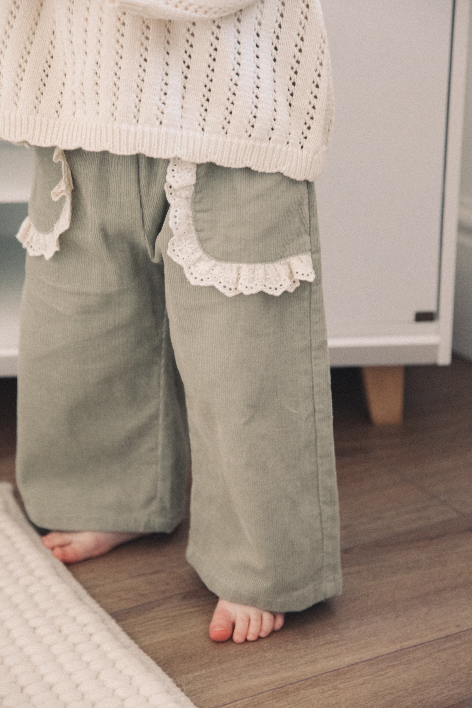 Dusky Green/Cord Broderie Frill Pocket Wide Leg Trousers