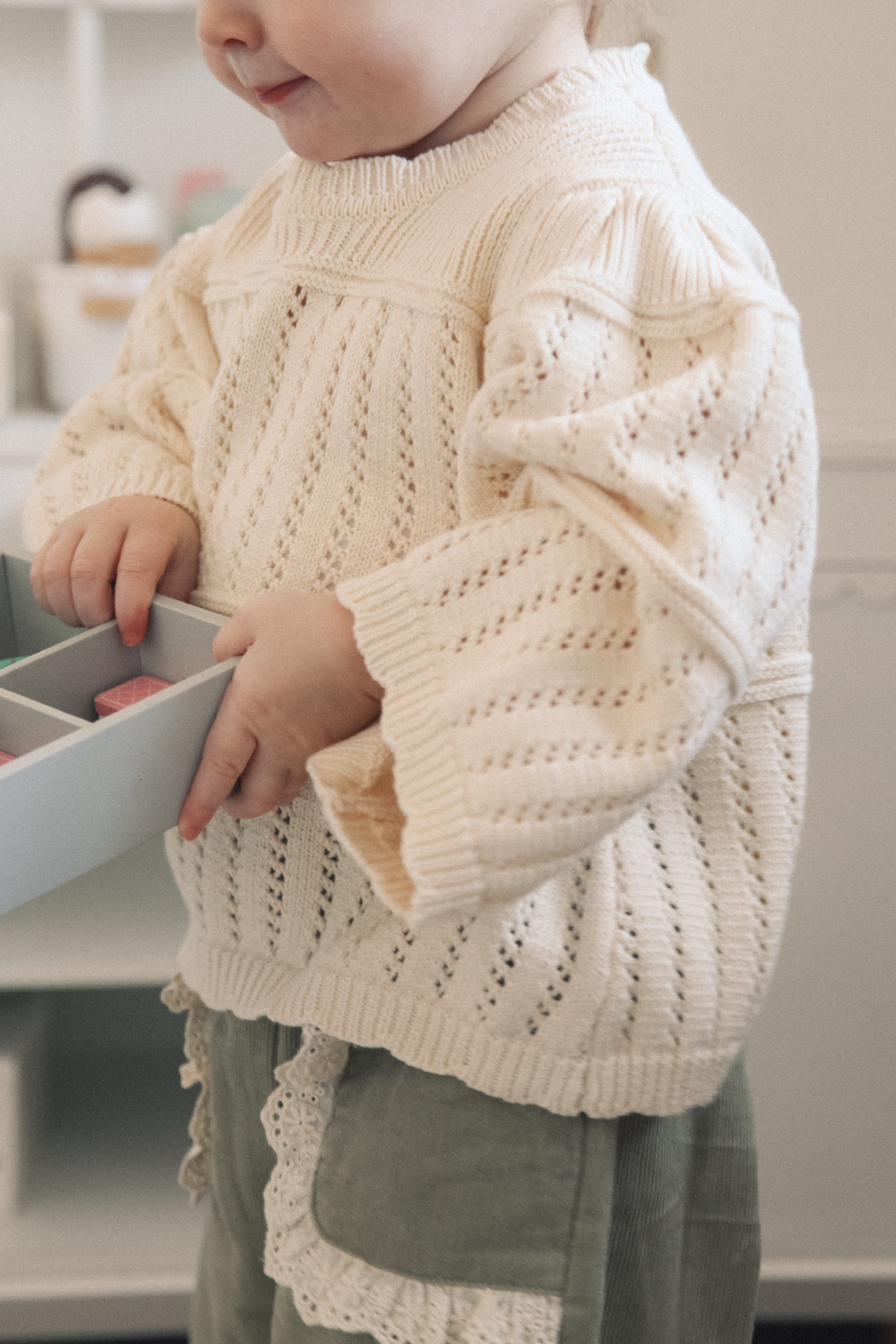 Cream Cotton Flare Sleeve Openwork Knit Jumper