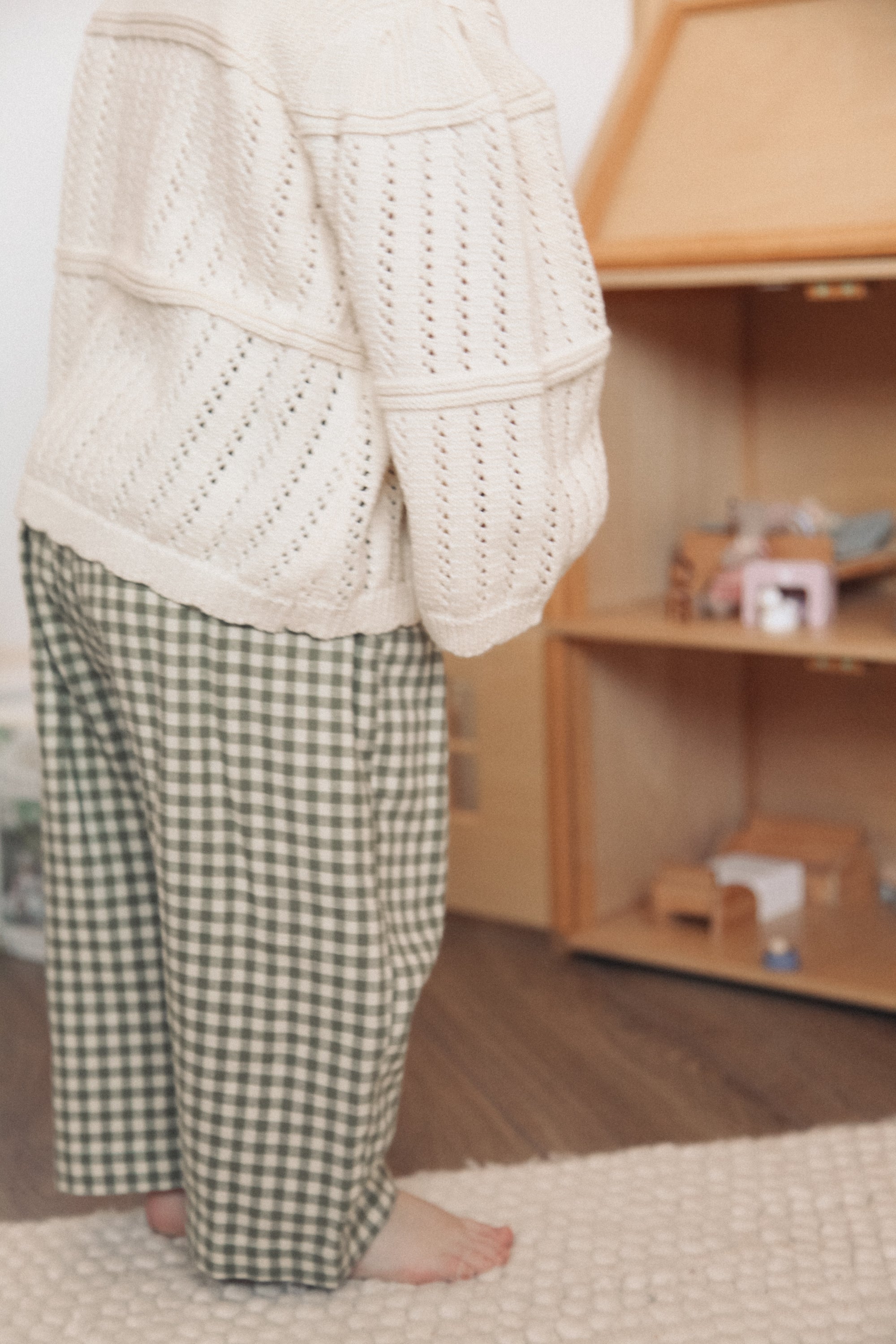 Sage Green/Gingham Brushed Cotton Wide Leg Trousers