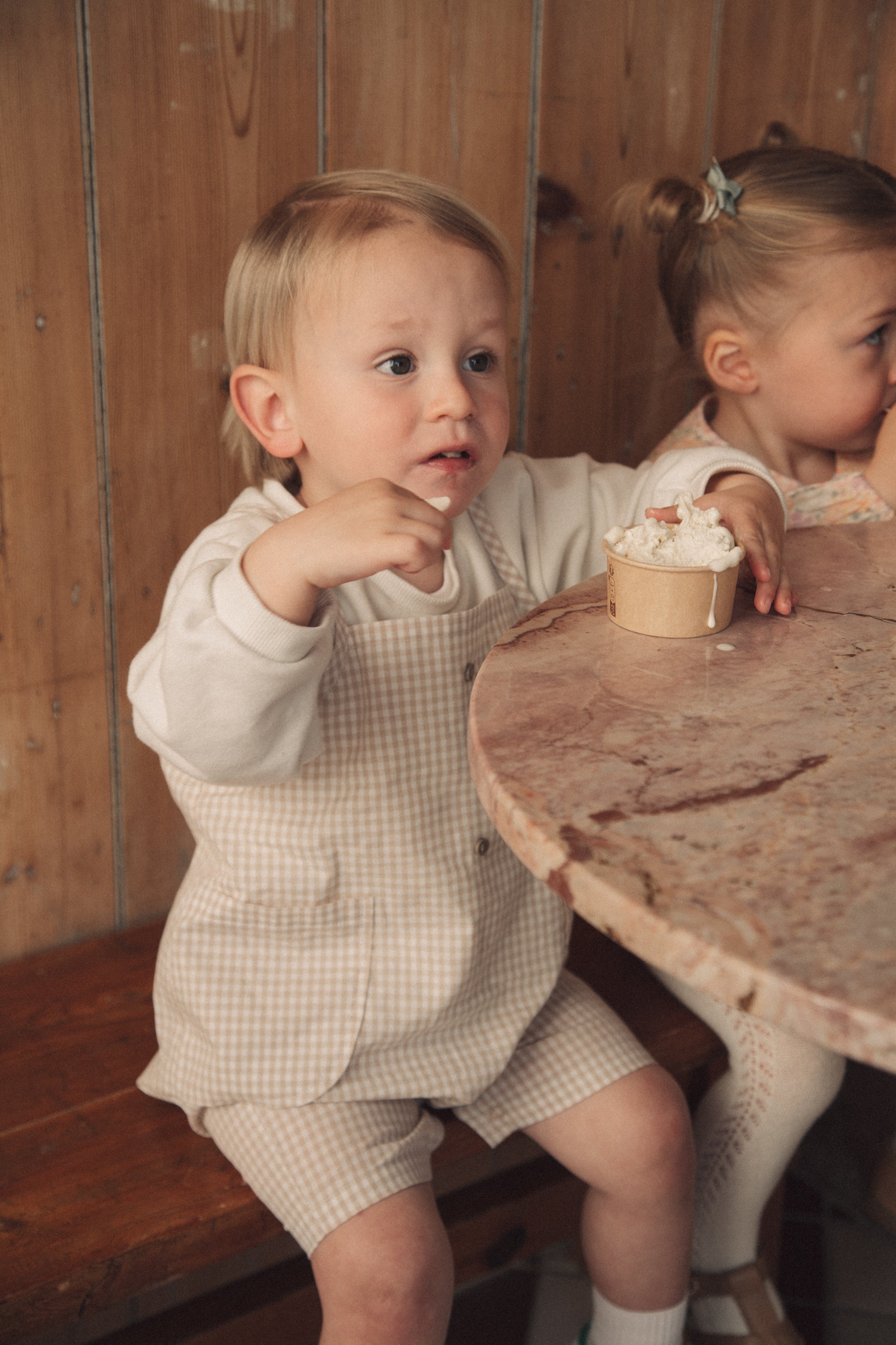 Unisex Beige/Gingham Pocket Shortie Overalls
