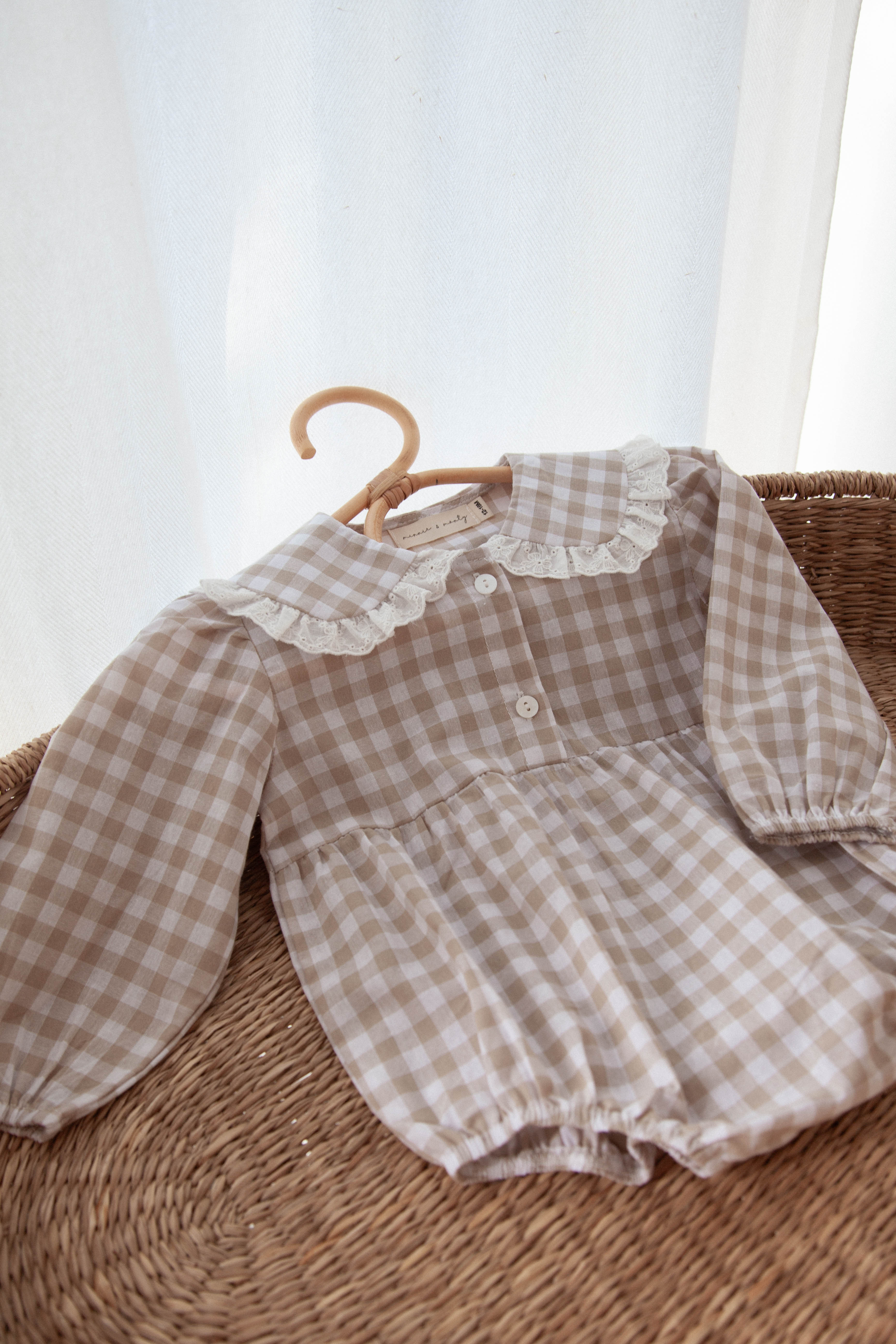 WHOLESALE Beige/Check Broderie Frill Collar Romper