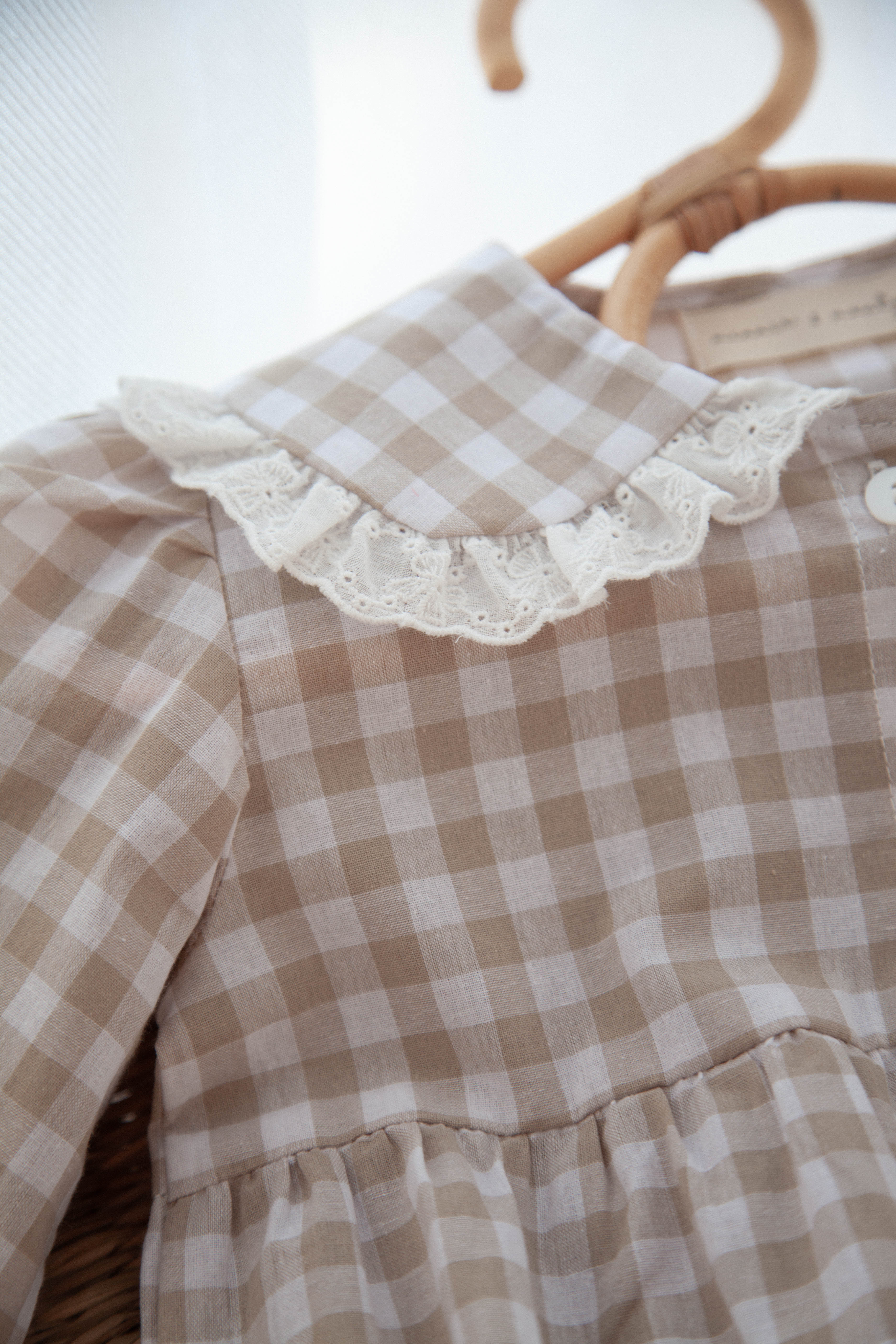 WHOLESALE Beige/Check Broderie Frill Collar Romper
