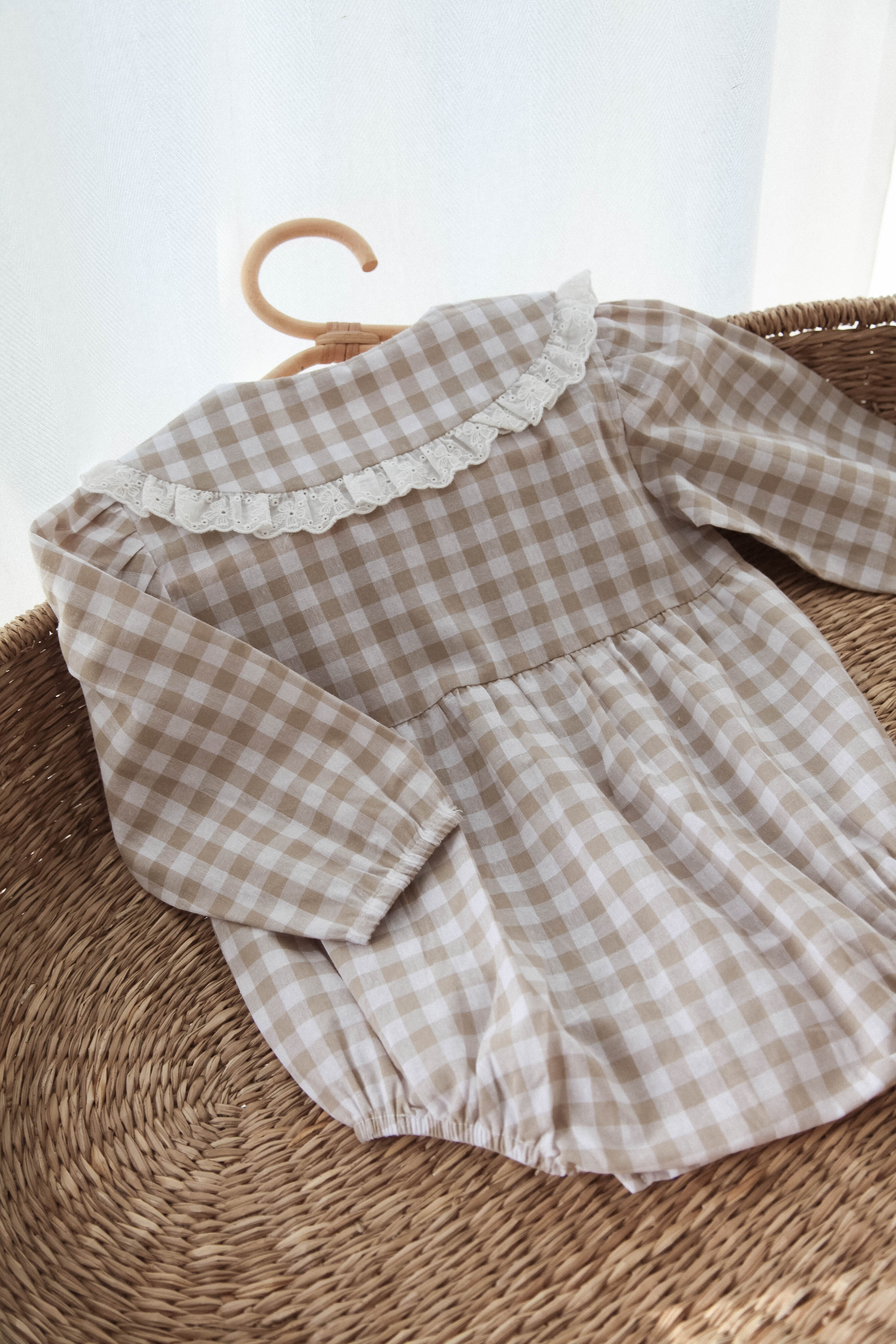 WHOLESALE Beige/Check Broderie Frill Collar Romper