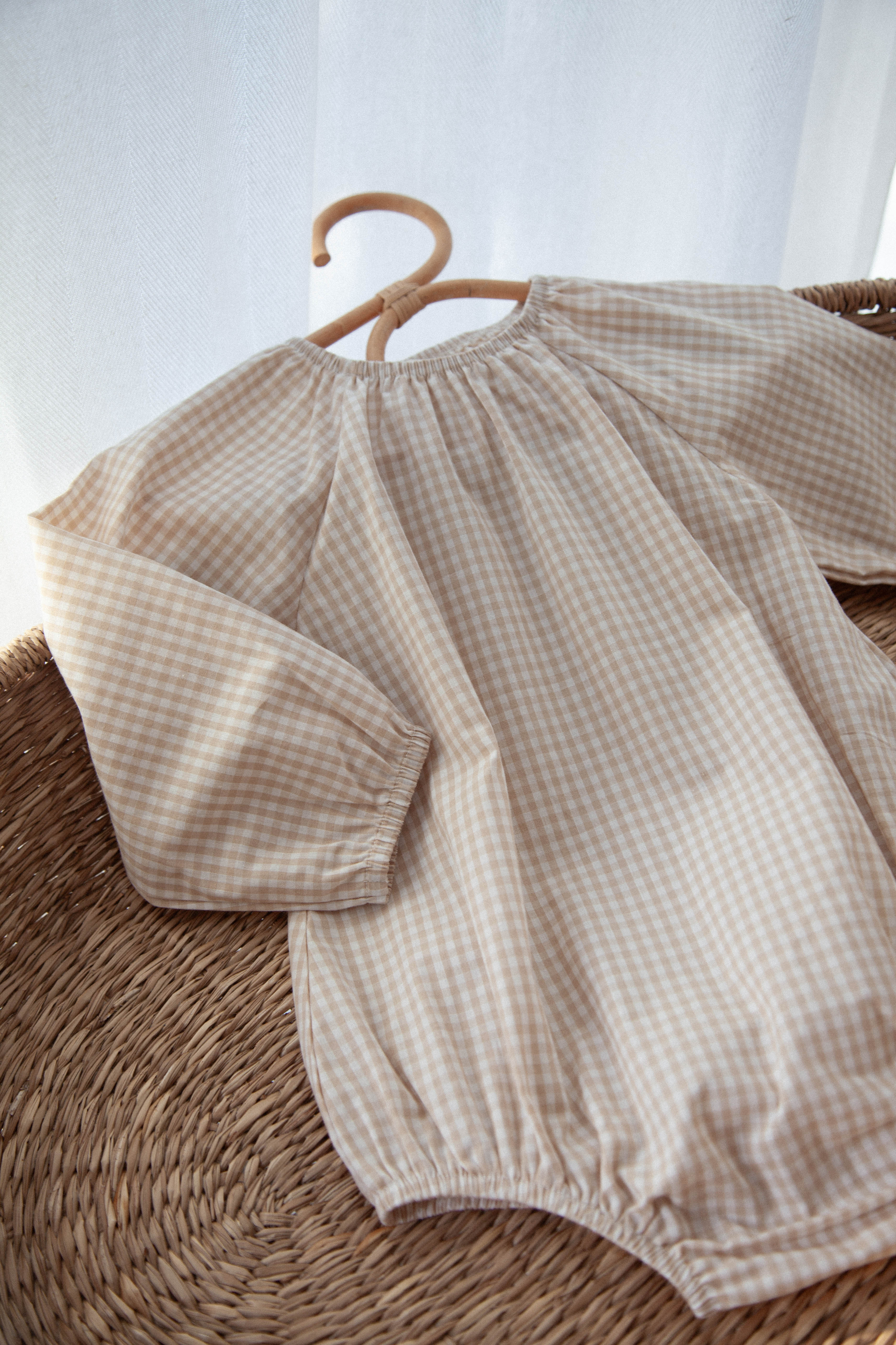 WHOLESALE Beige/Gingham Long Sleeve Oversized Romper