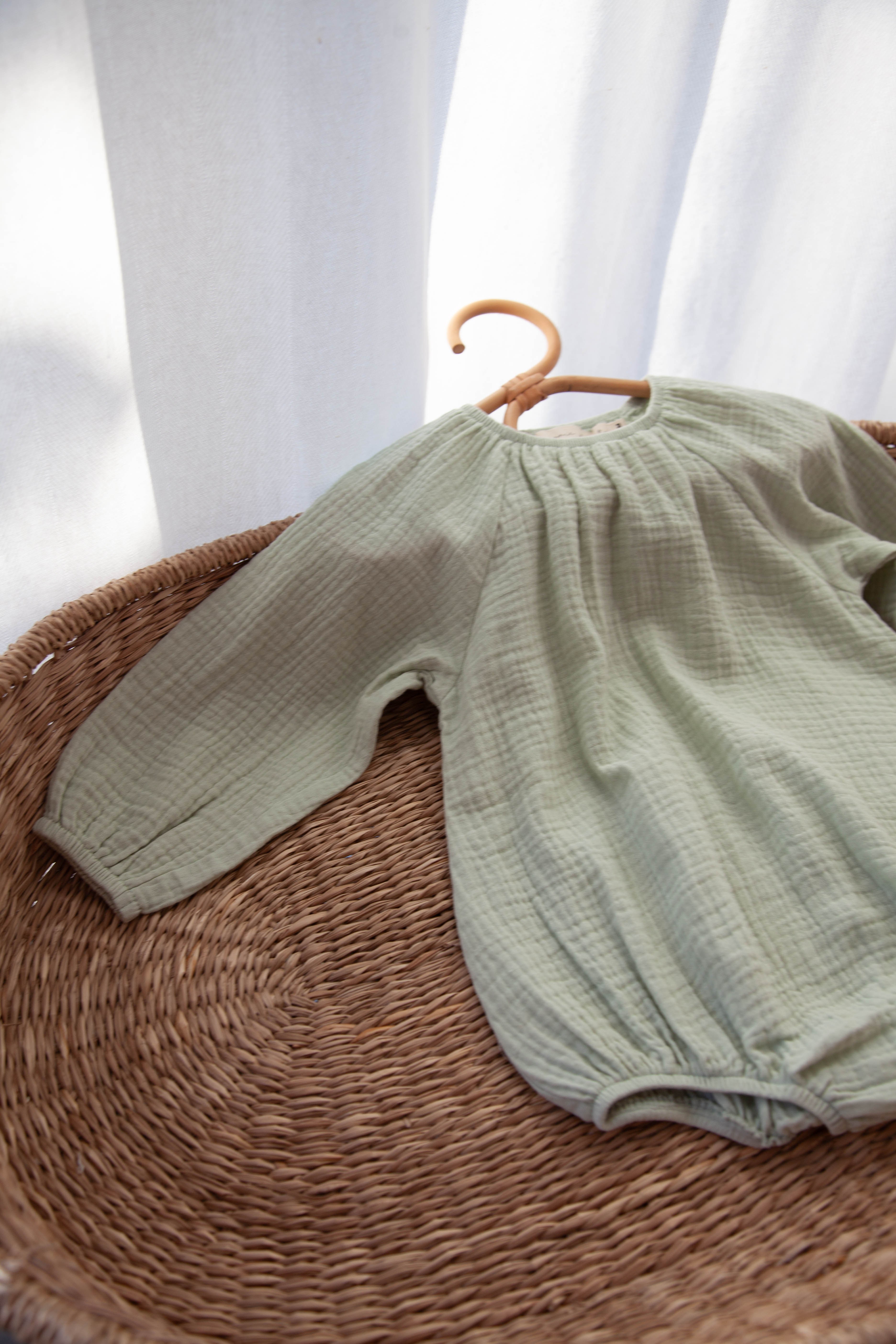 Light Sage Muslin Long Sleeve Romper
