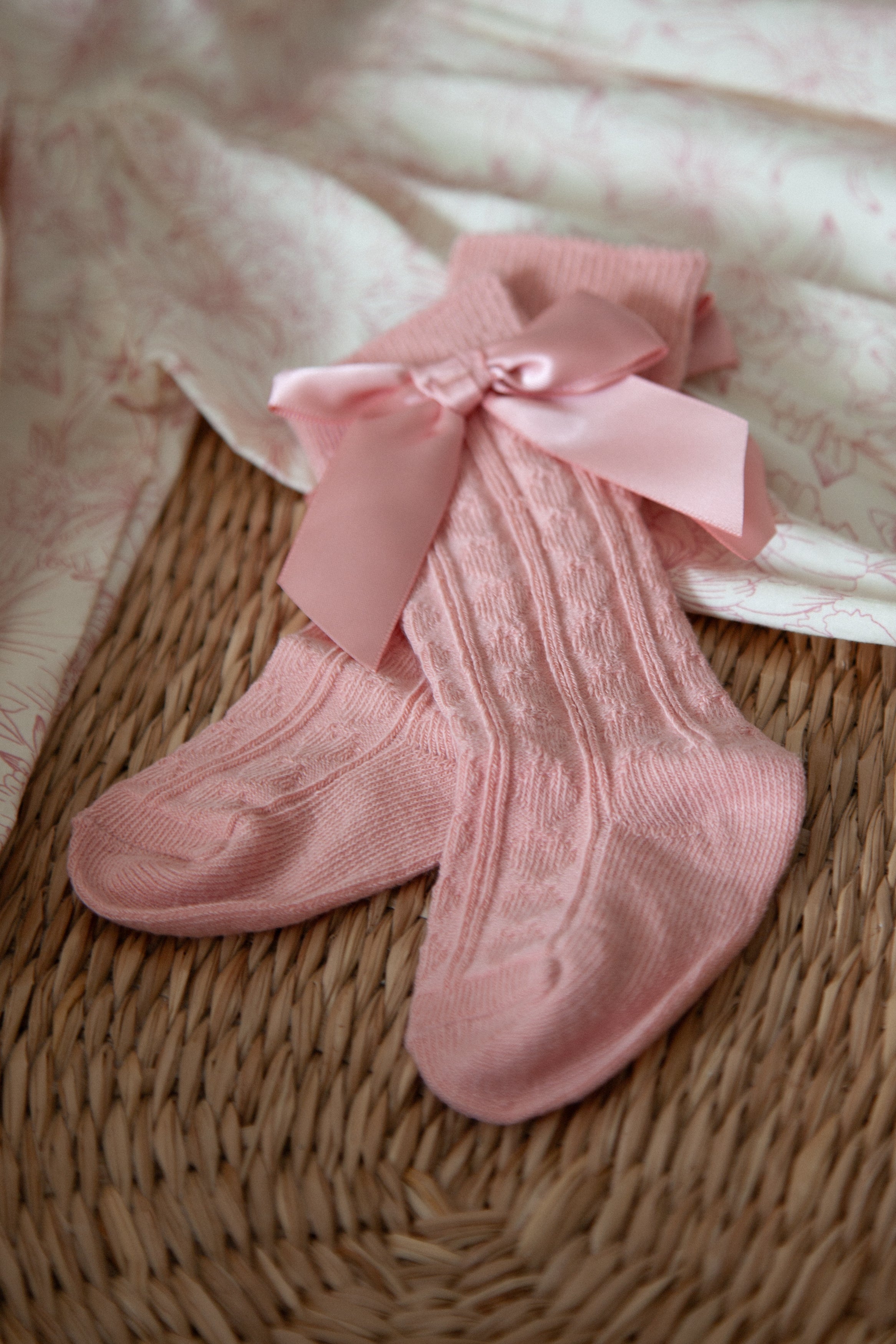 Rose Pink Satin Bow/Heart Knee High Socks