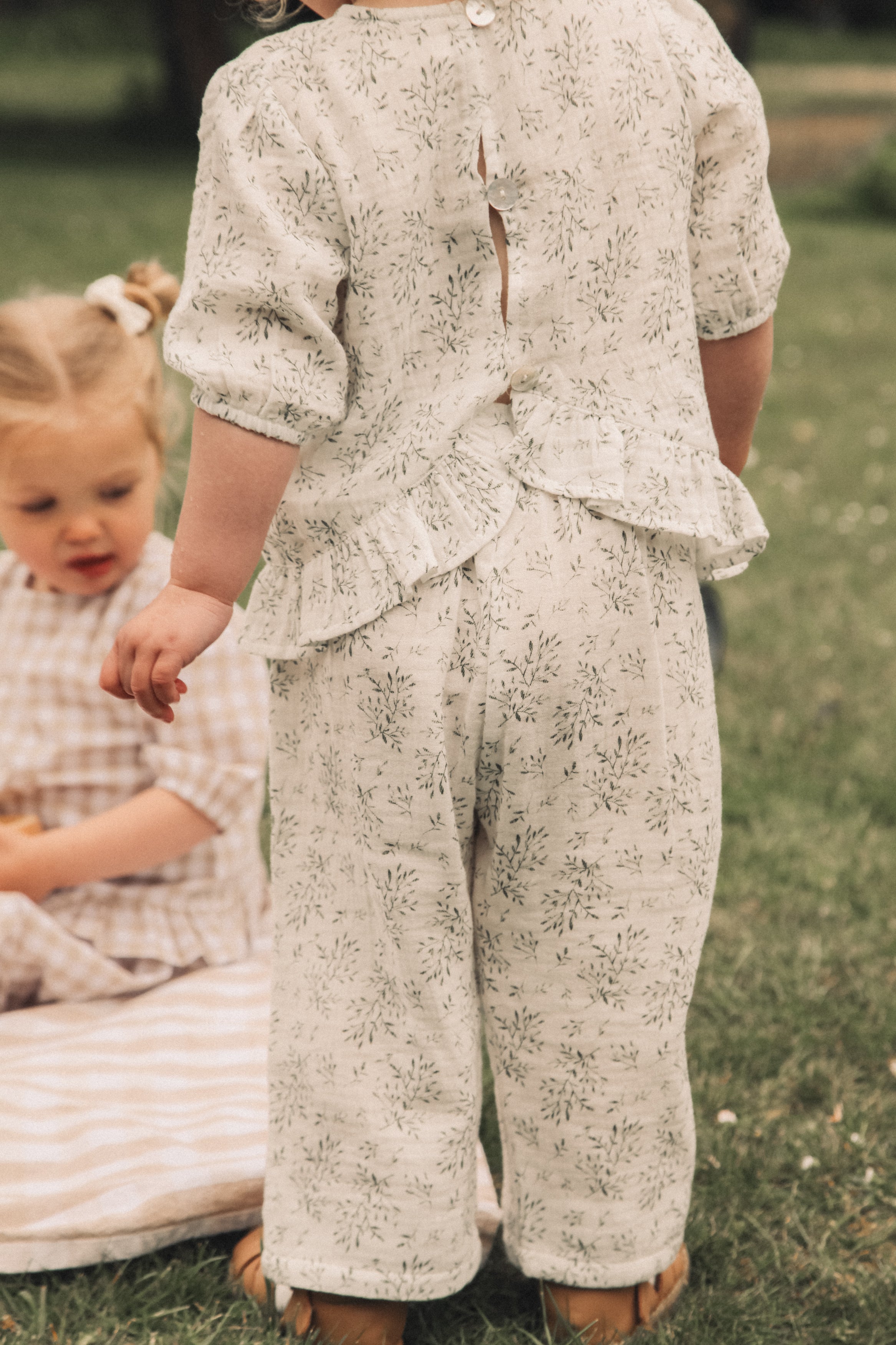 Olive Leaves/Muslin Frill Button Back Top