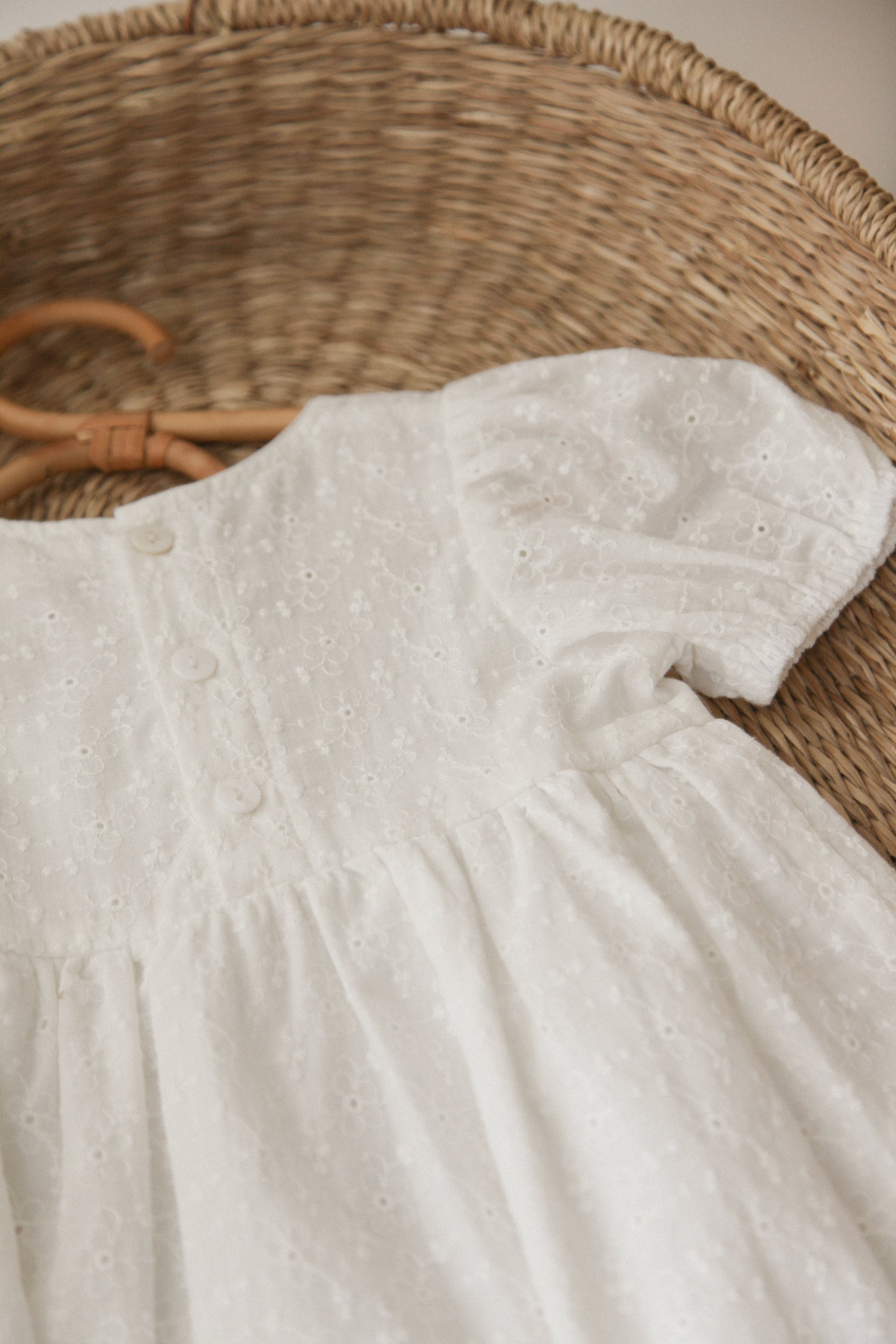 White/Embroidered Flower Puff Short Sleeve Dress
