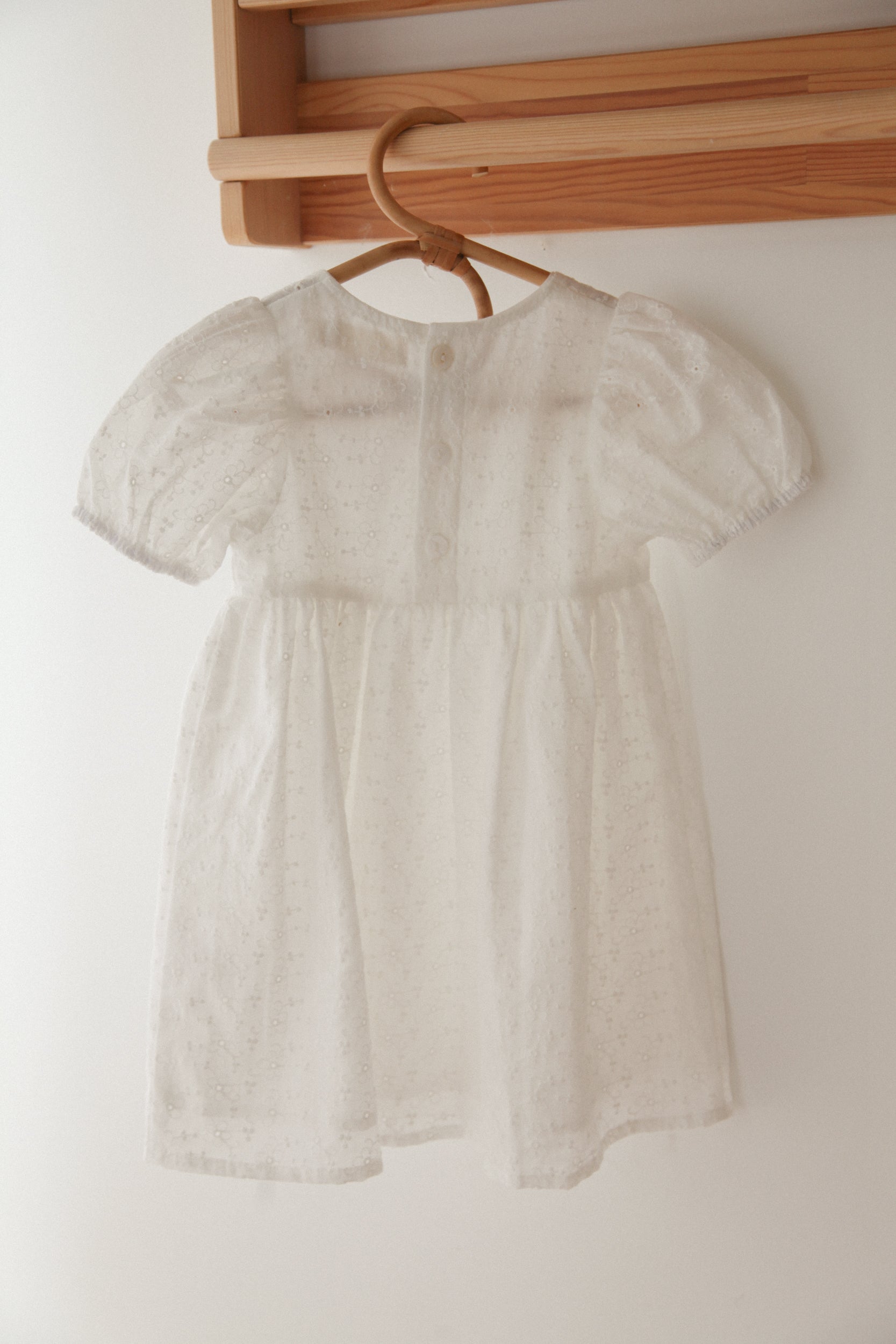 White/Embroidered Flower Puff Short Sleeve Dress