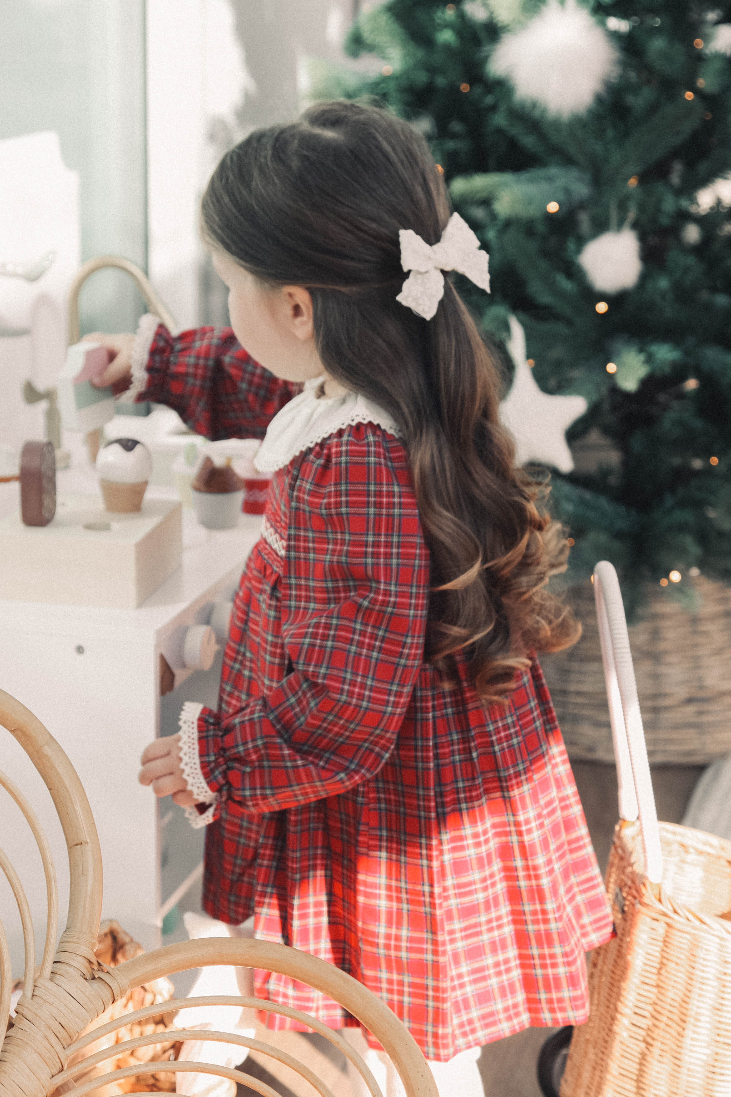 Cream & Red Christmas Check Smocked Dress