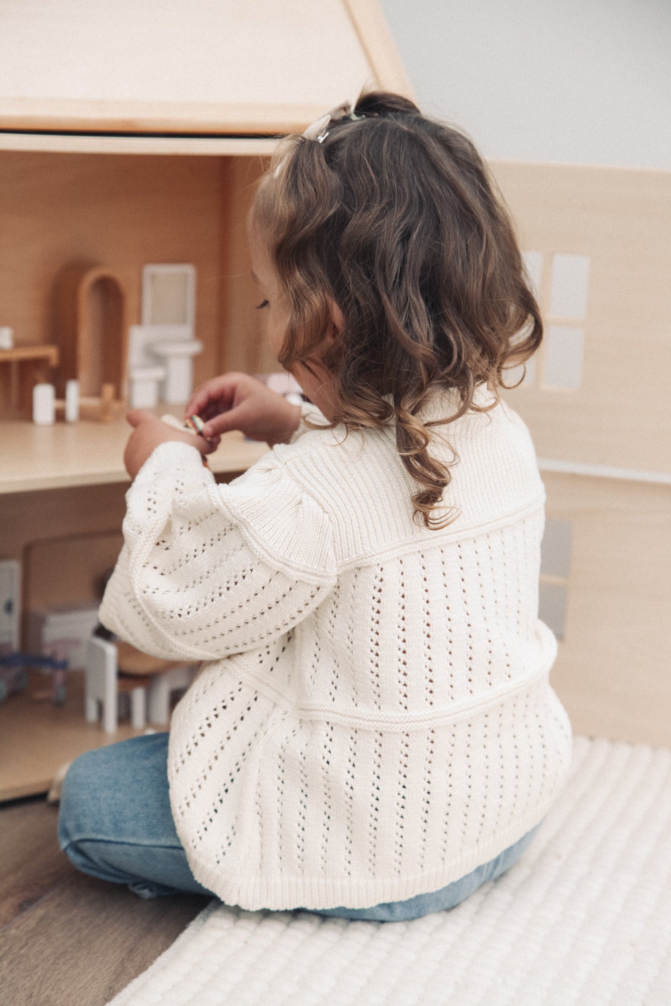 Cream Cotton Flare Sleeve Openwork Knit Jumper