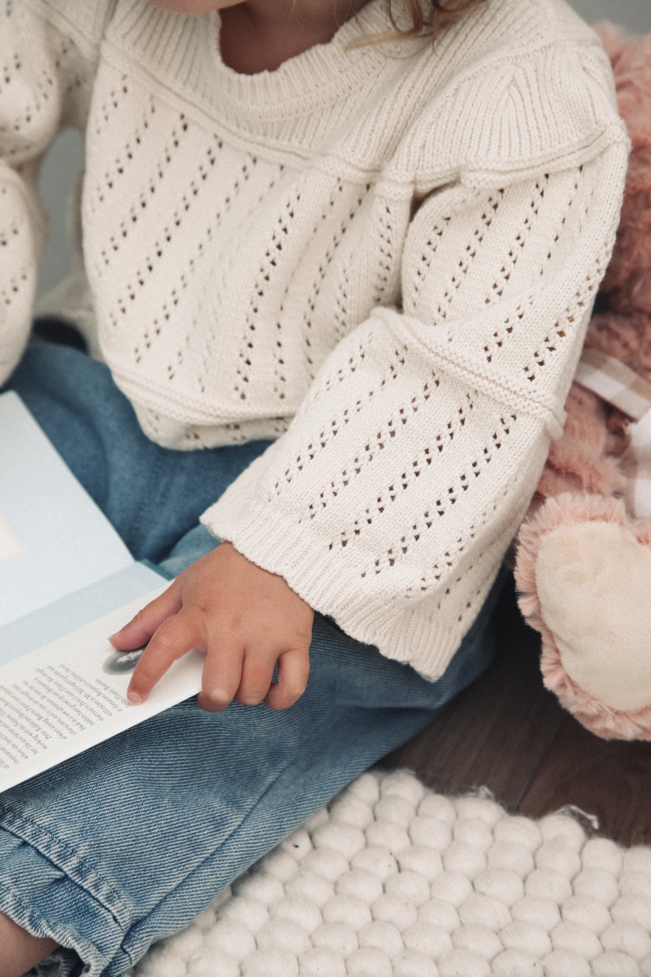 Cream Cotton Flare Sleeve Openwork Knit Jumper