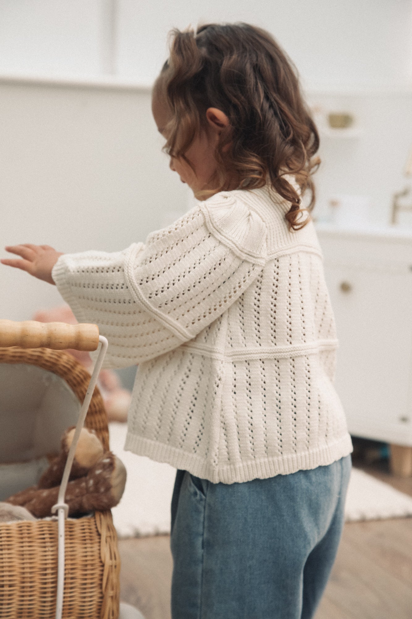 Cream Cotton Flare Sleeve Openwork Knit Jumper