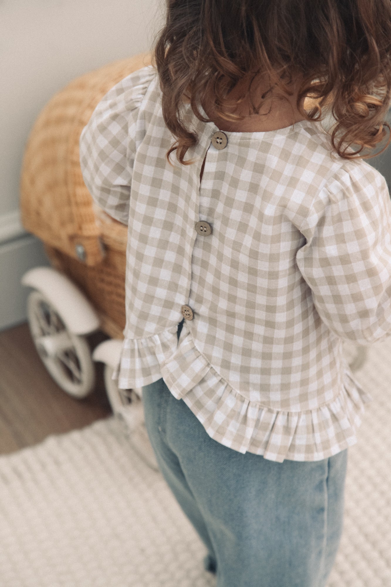 WHOLESALE Beige/Check Cotton Frill Button Back Top