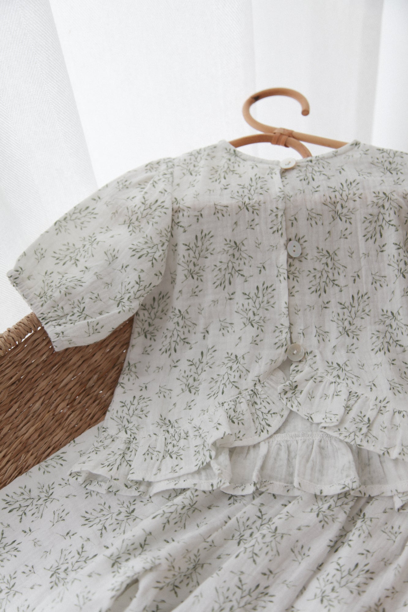 Olive Leaves/Muslin Frill Button Back Top