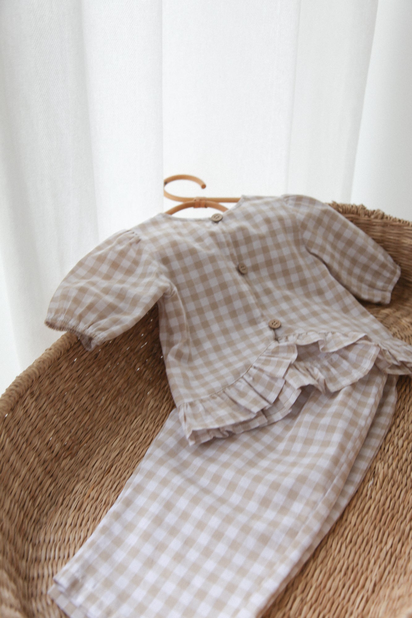 WHOLESALE Beige/Check Cotton Frill Button Back Top