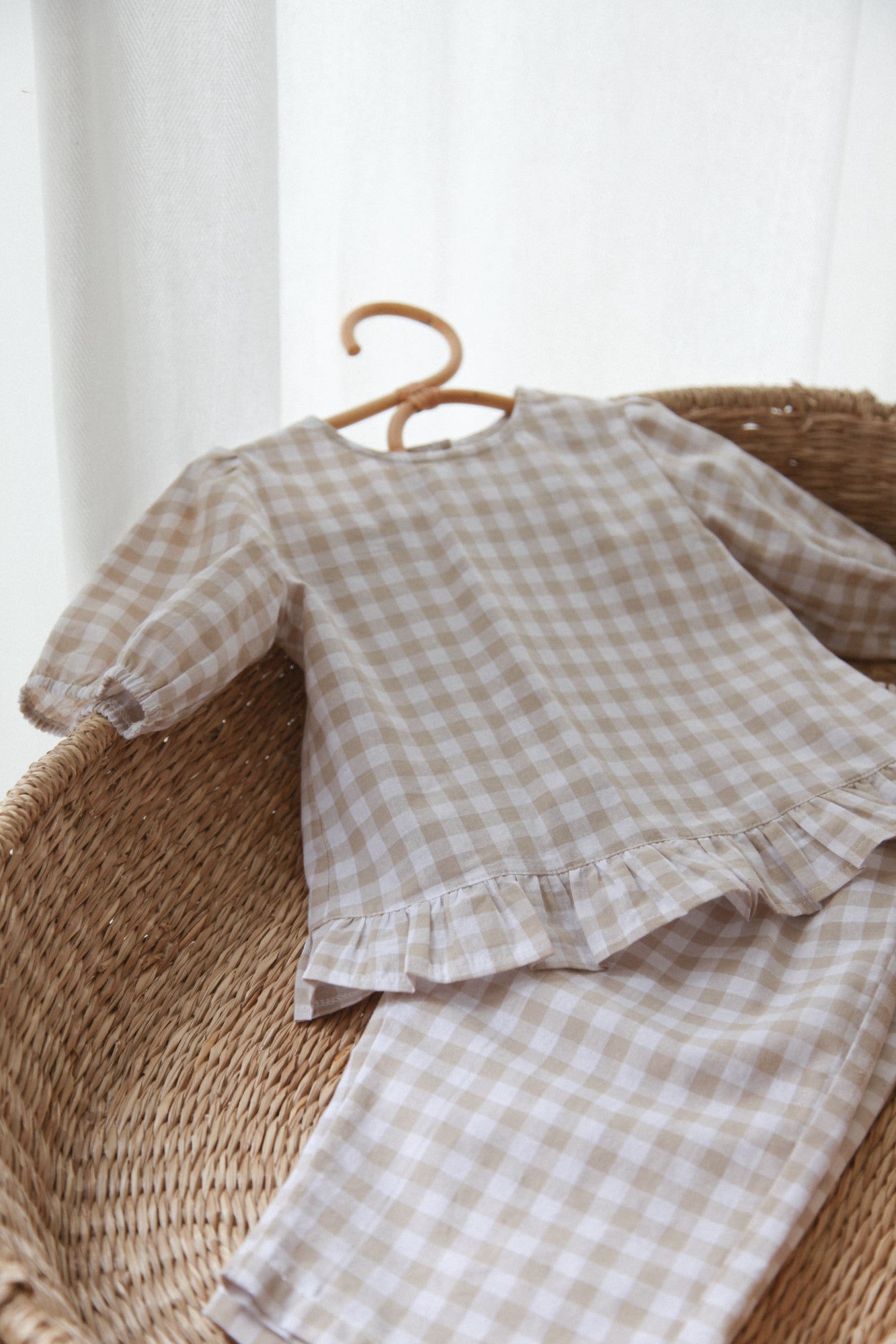 Beige/Check Cotton Frill Button Back Top