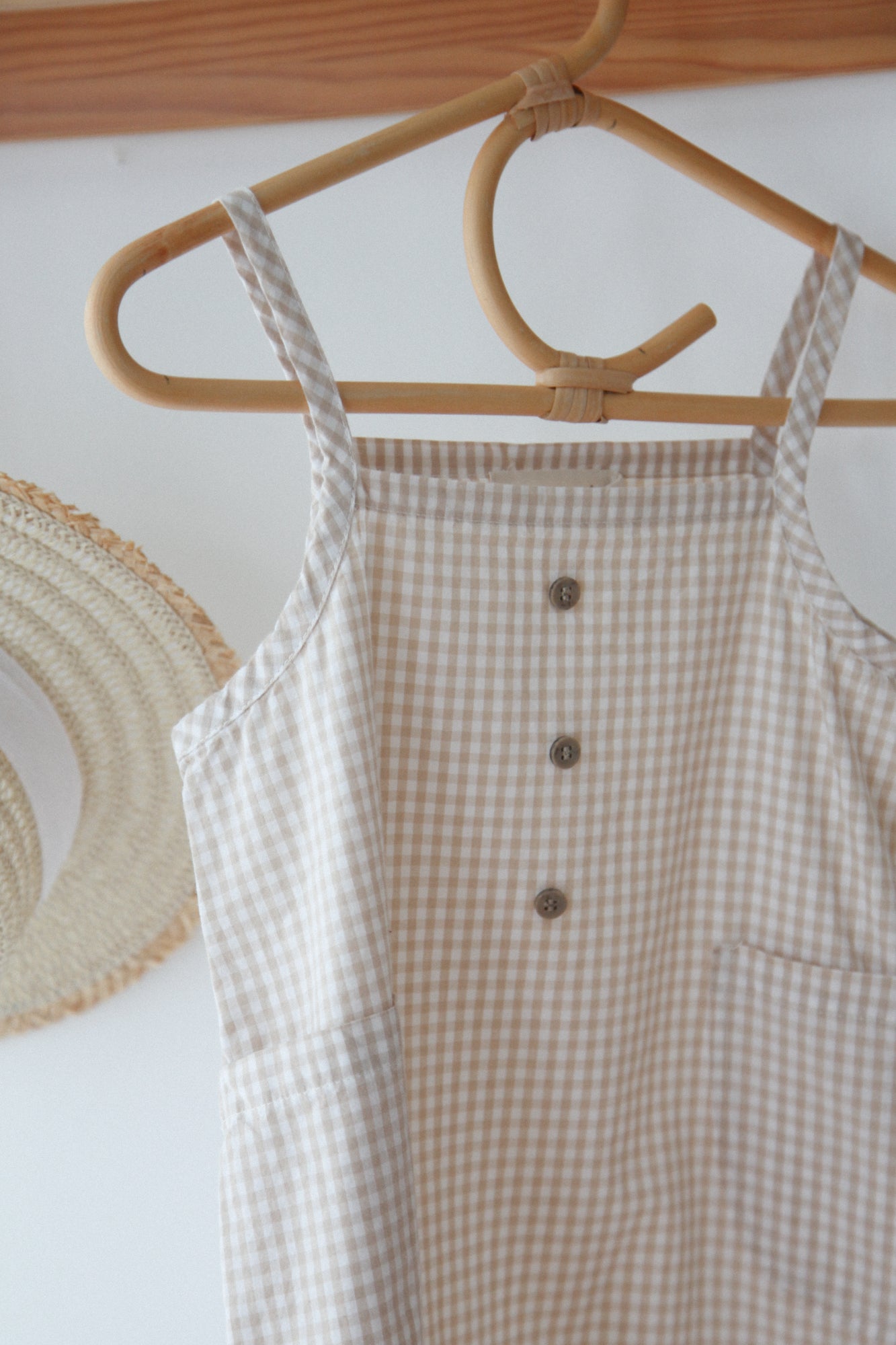 Unisex Beige/Gingham Pocket Shortie Overalls