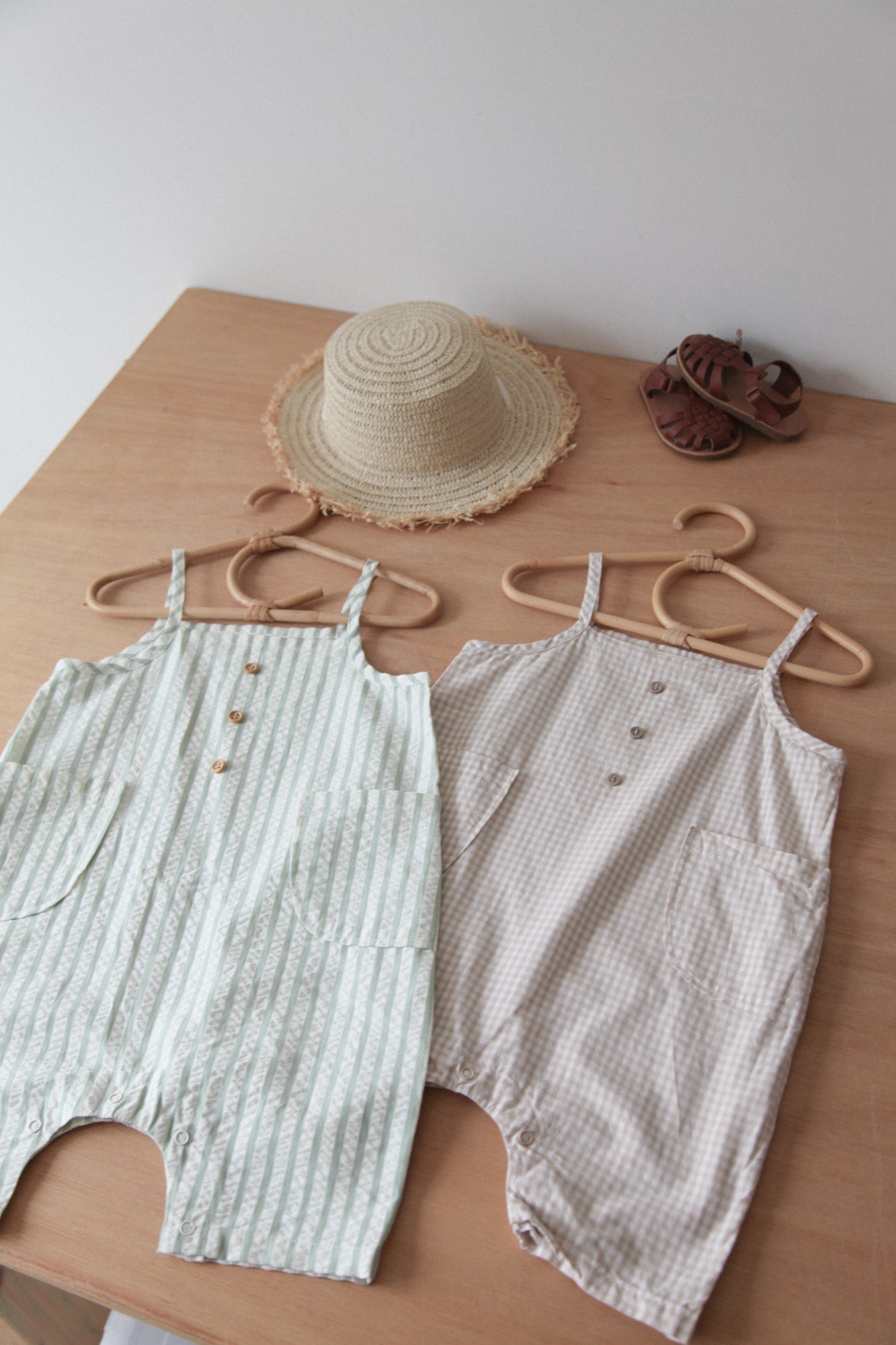 Unisex Beige/Gingham Pocket Shortie Overalls