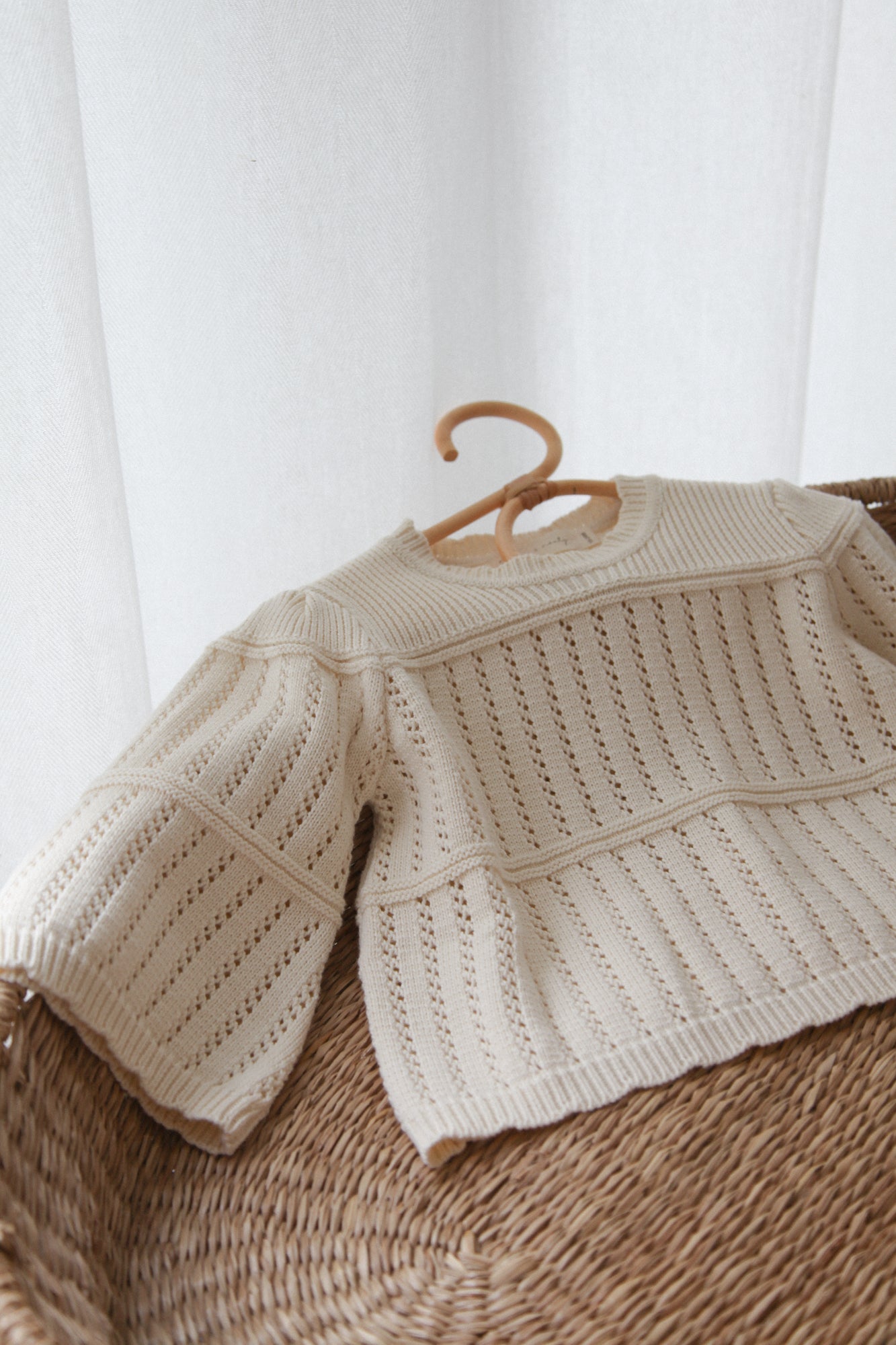 Cream Cotton Flare Sleeve Openwork Knit Jumper