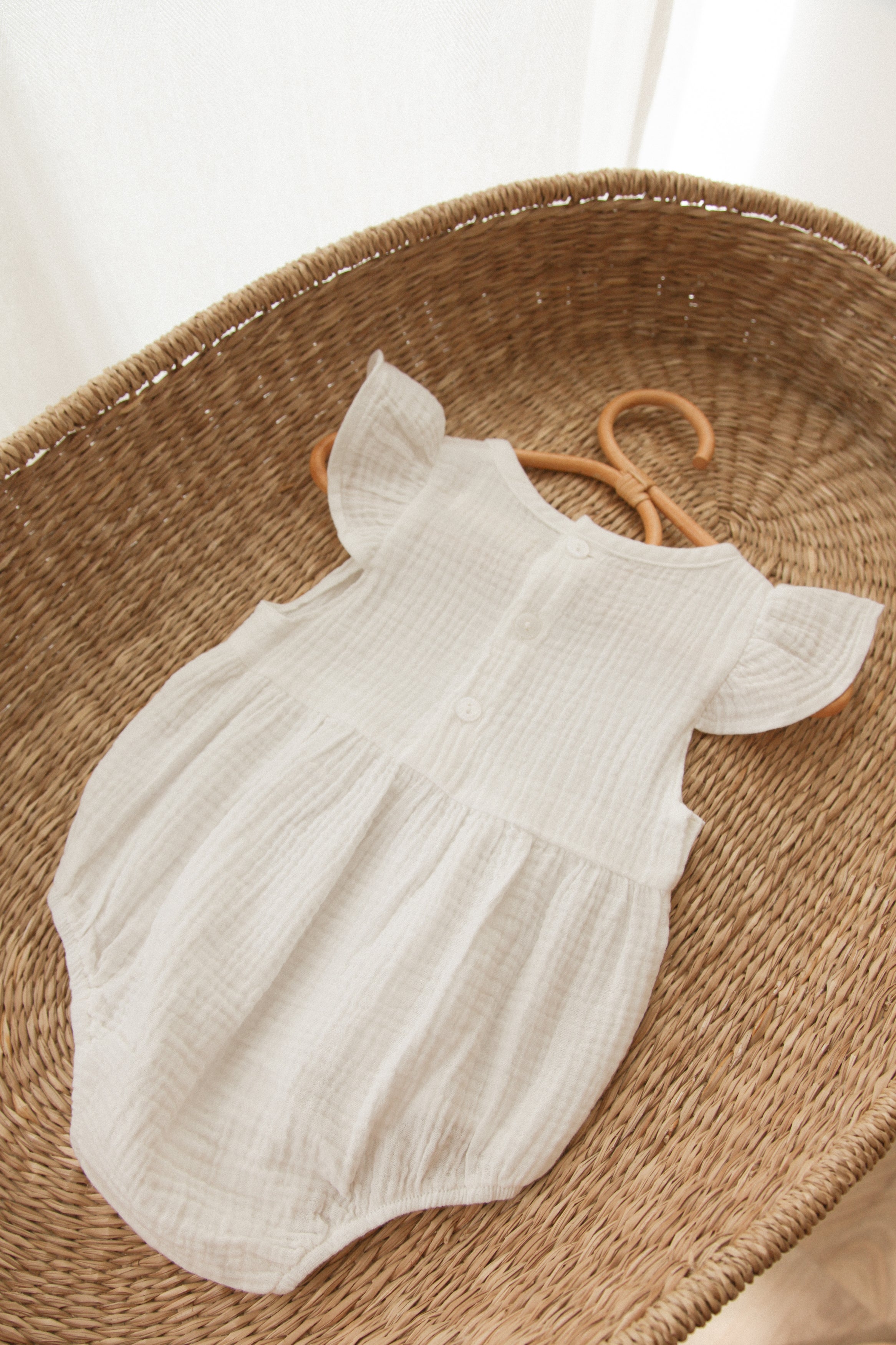 White Frill Short Sleeve Muslin Romper