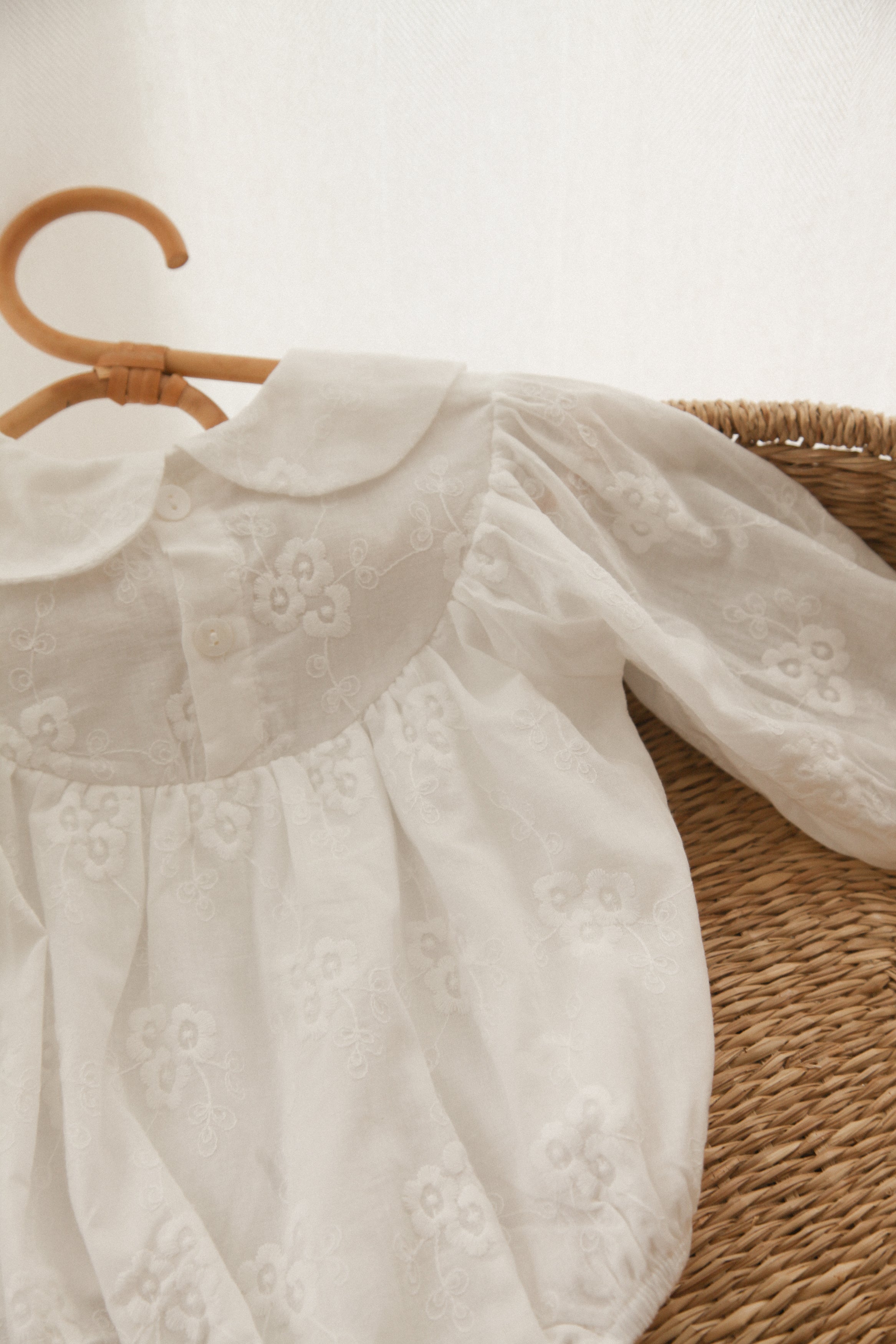 White/Embroidered Long Sleeve Romper
