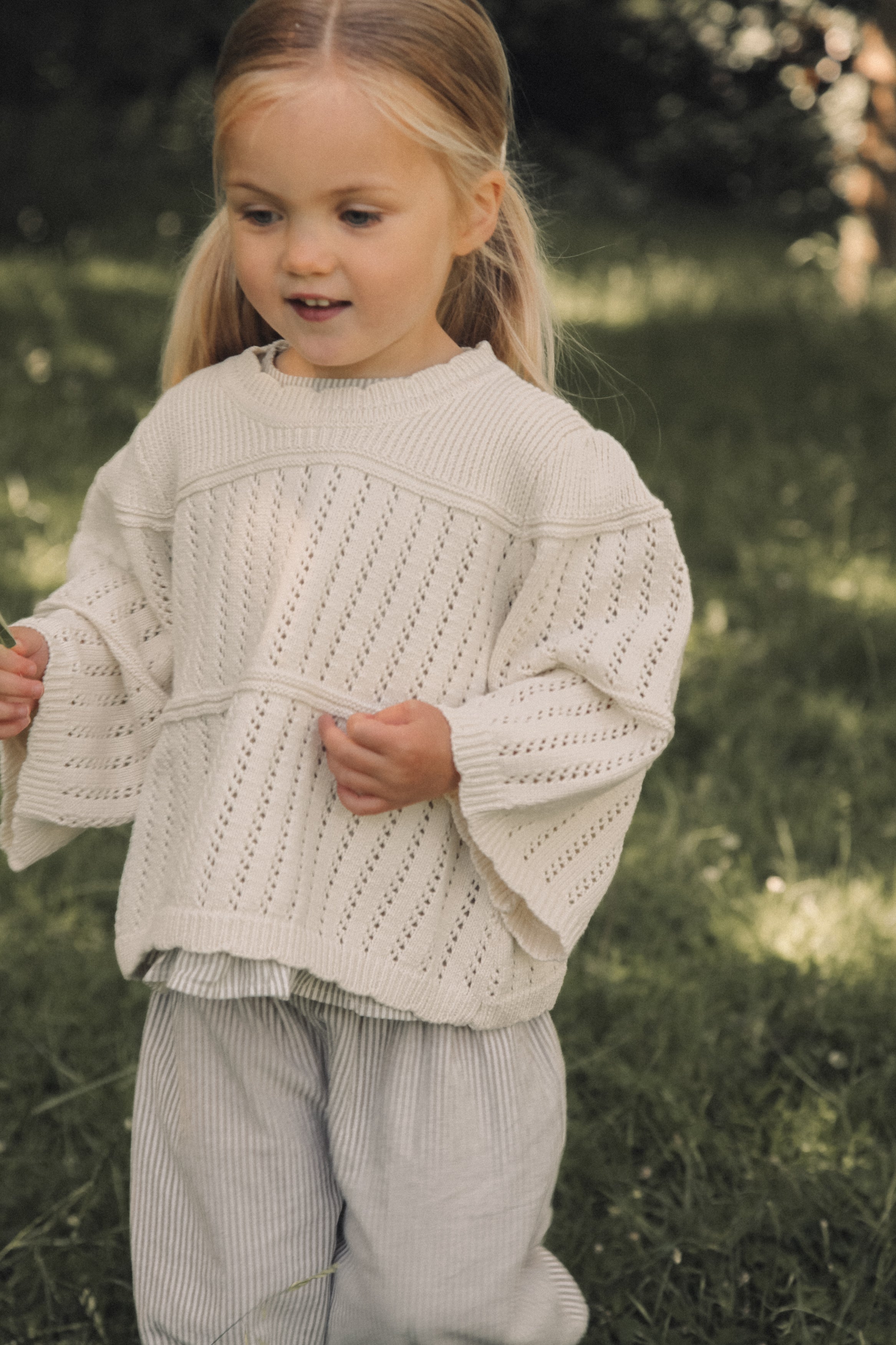 Cream Cotton Flare Sleeve Openwork Knit Jumper