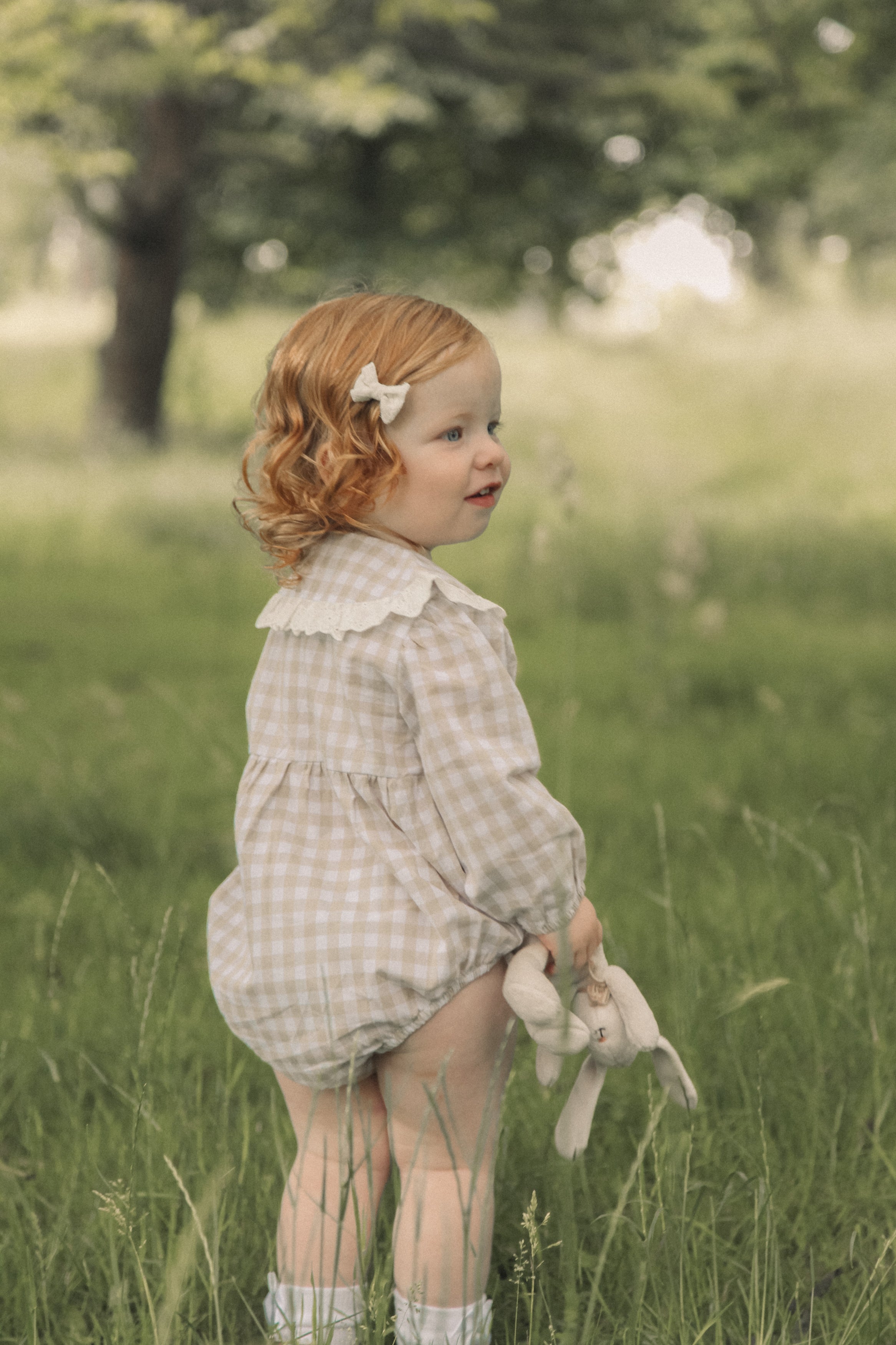 Beige/Check Broderie Frill Collar Romper