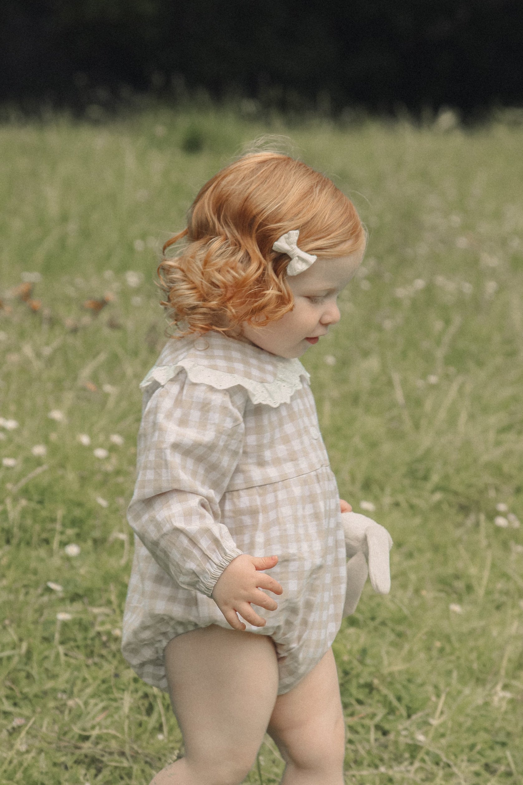Beige/Check Broderie Frill Collar Romper