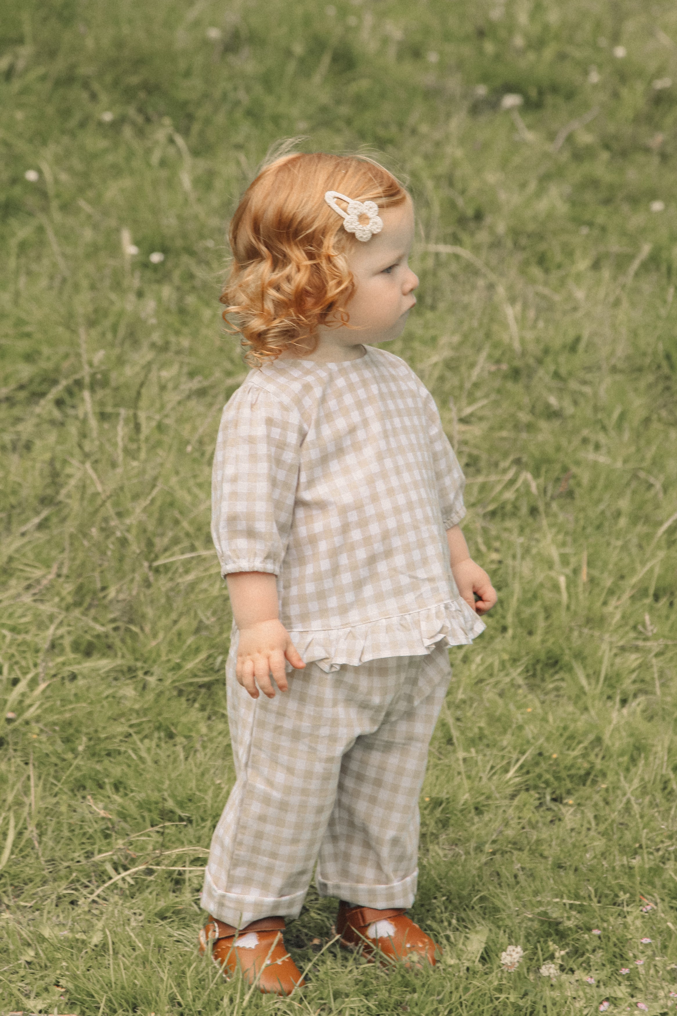 Beige/Check Cotton Frill Button Back Top
