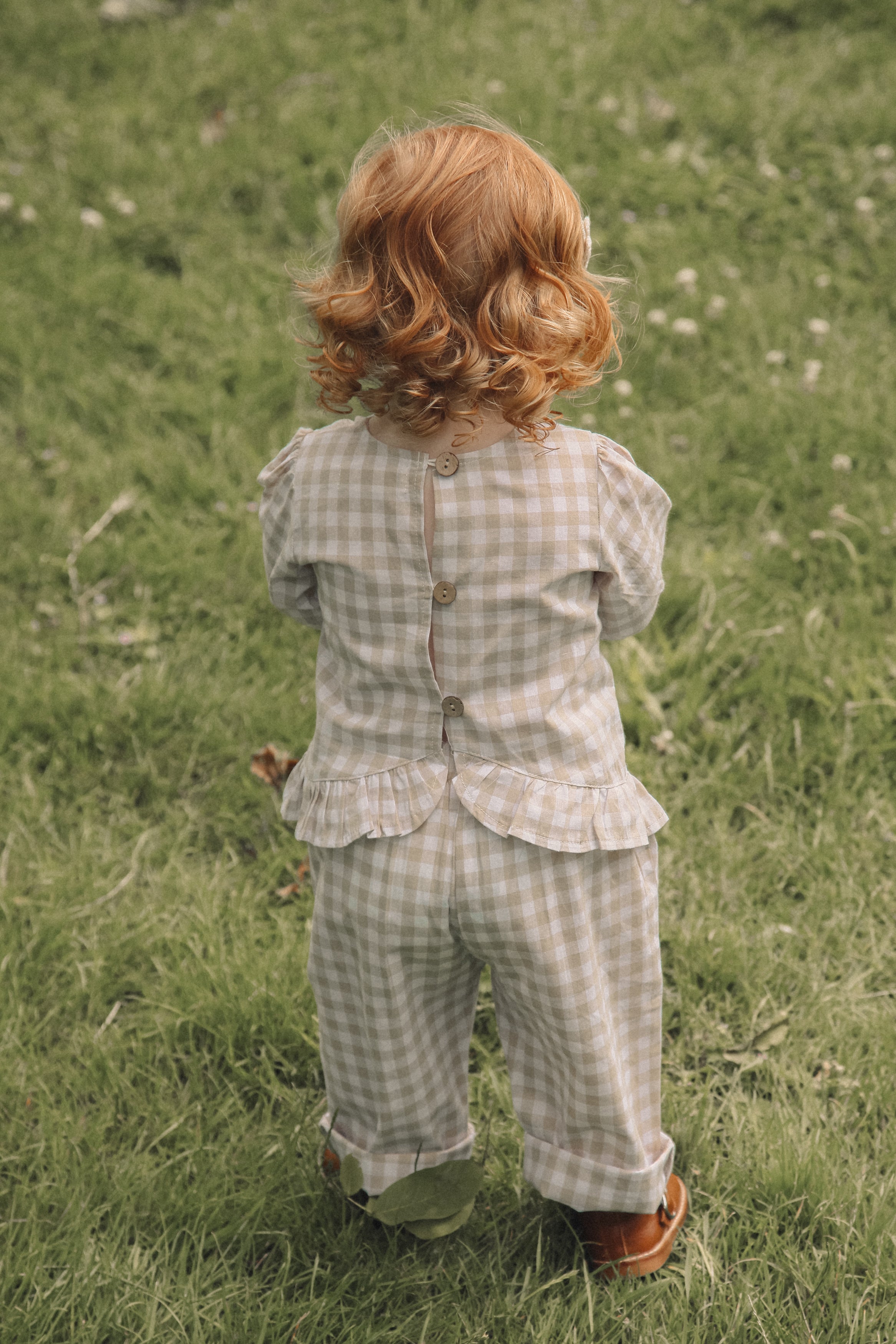 Beige/Check Cotton Frill Button Back Top