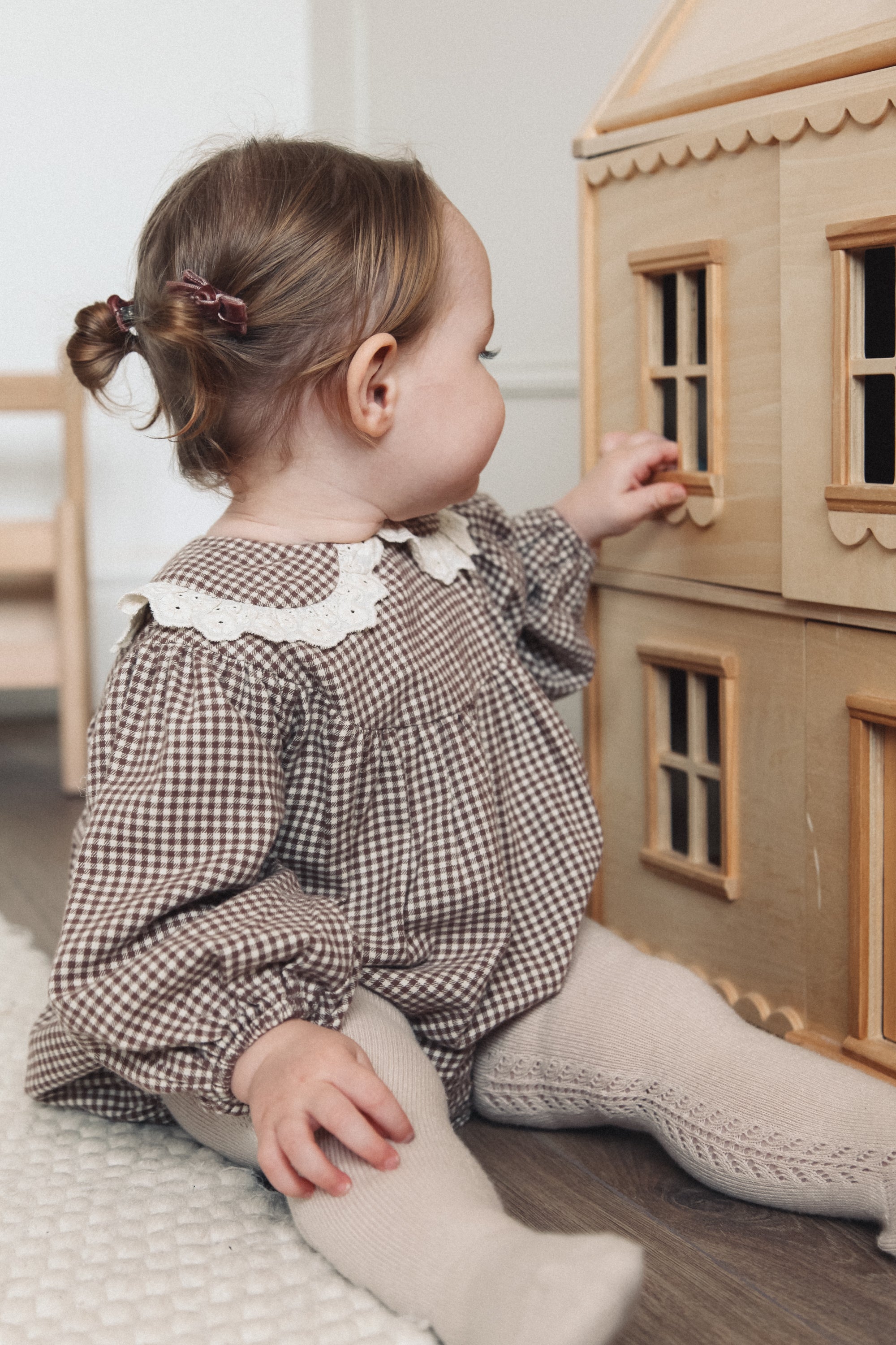 PRE-ORDER Brown/Gingham Frill Collar Romper
