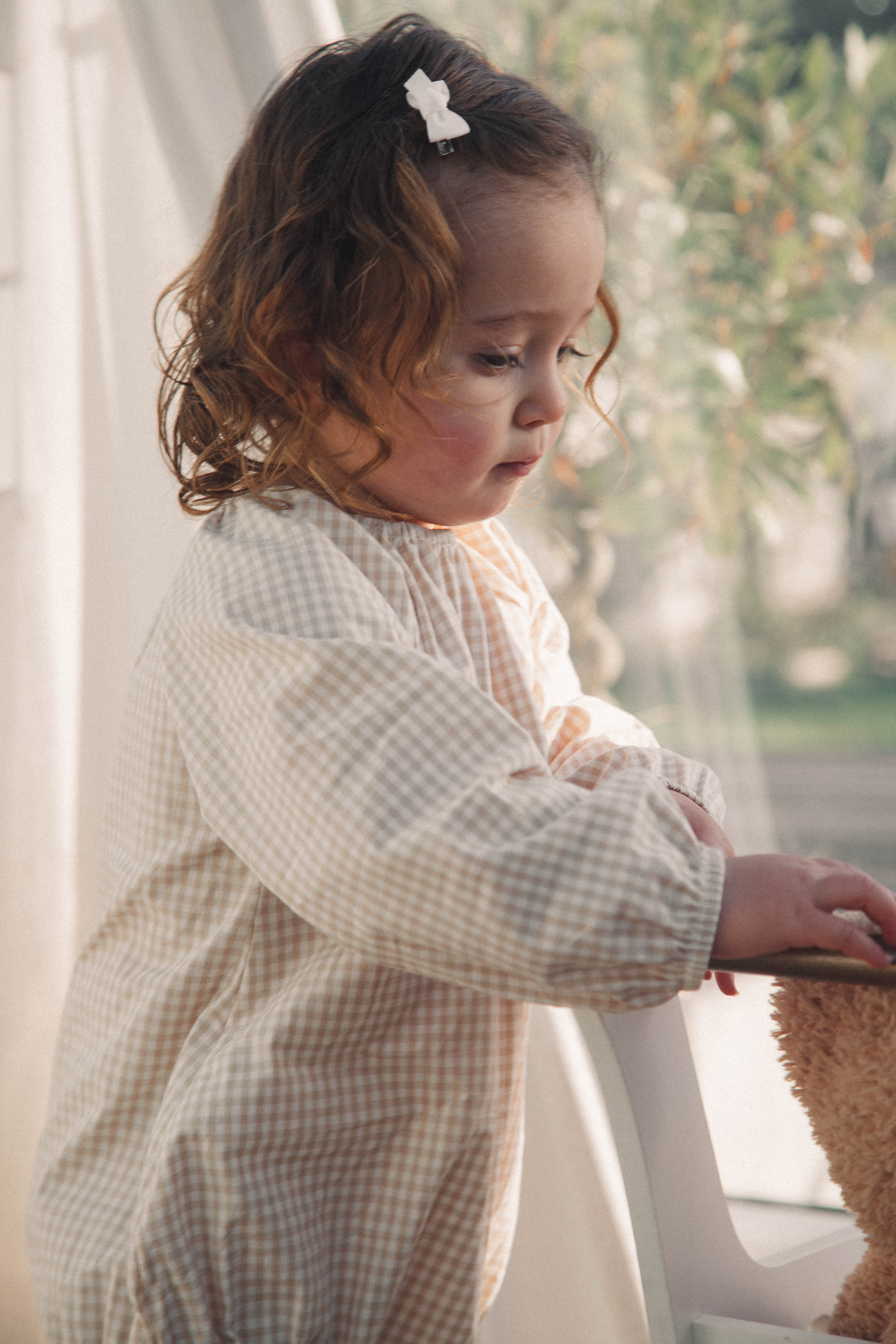 WHOLESALE Beige/Gingham Long Sleeve Oversized Romper