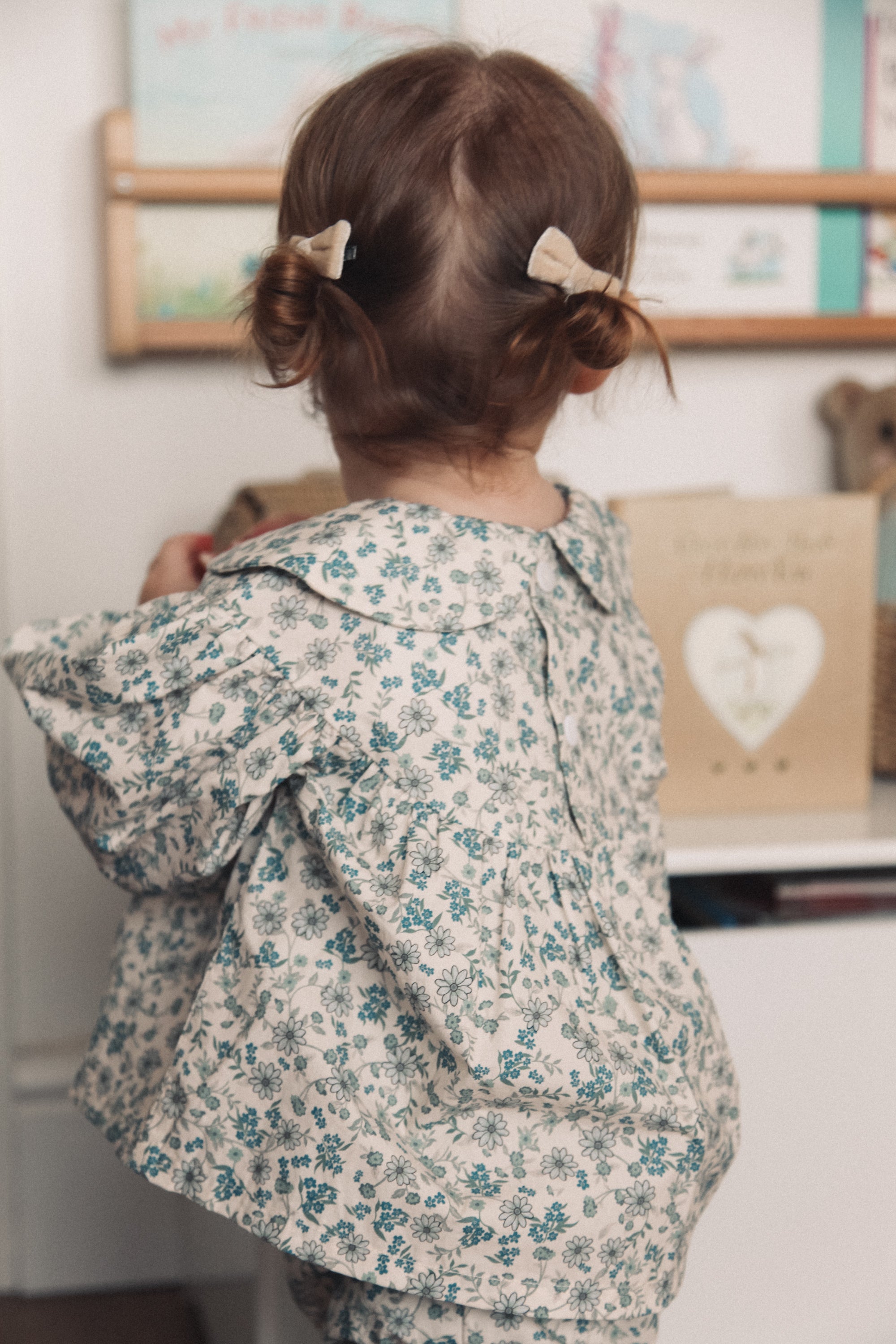 Blue/Floral Puff Sleeve Blouse & Bloomer Set