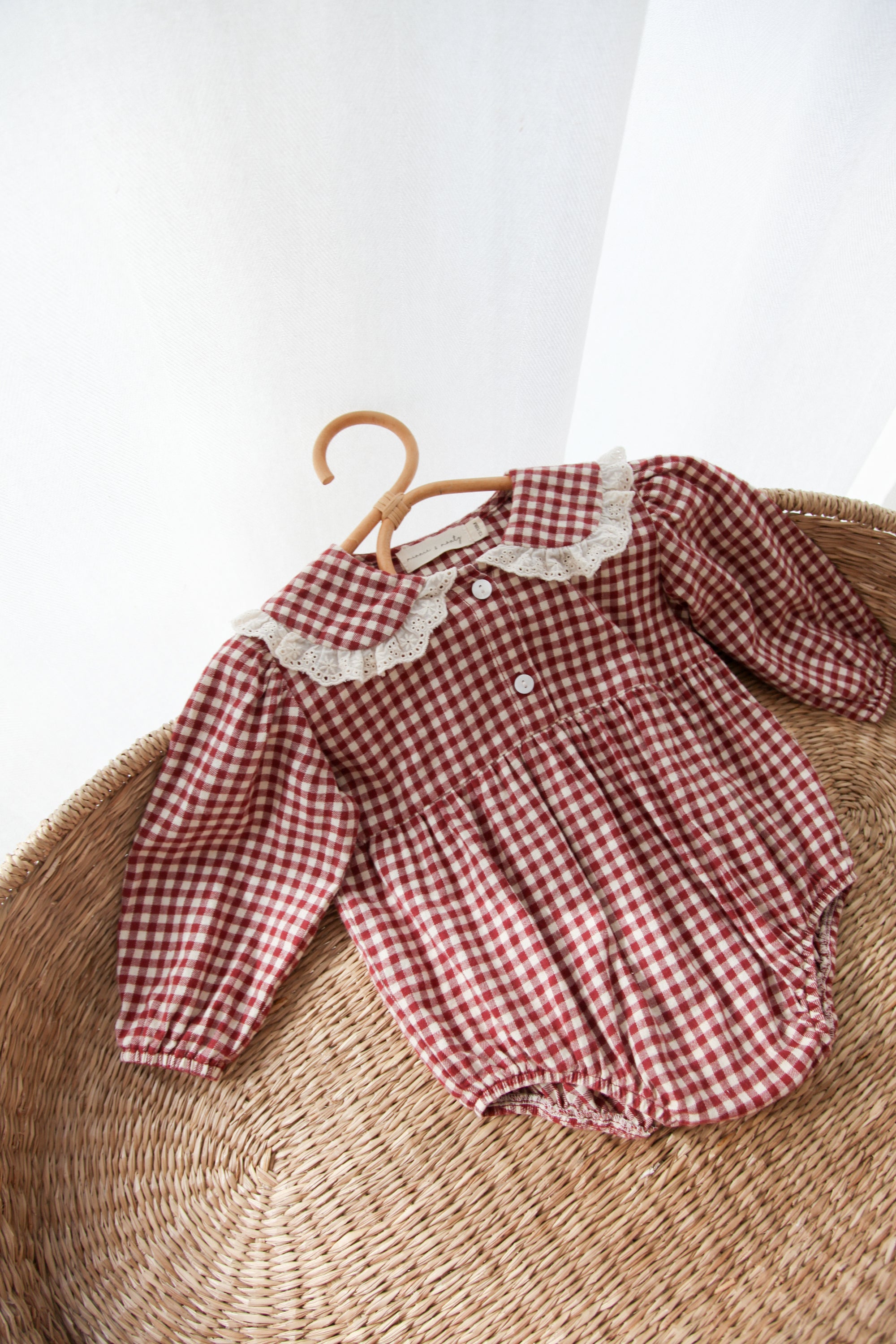 WHOLESALE Berry/Gingham Oversized Frill Collar Romper
